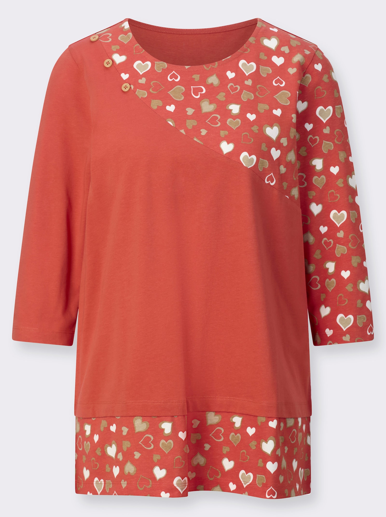 Longshirt mit Herzchen-Einsätzen - terra-camel-bedruckt