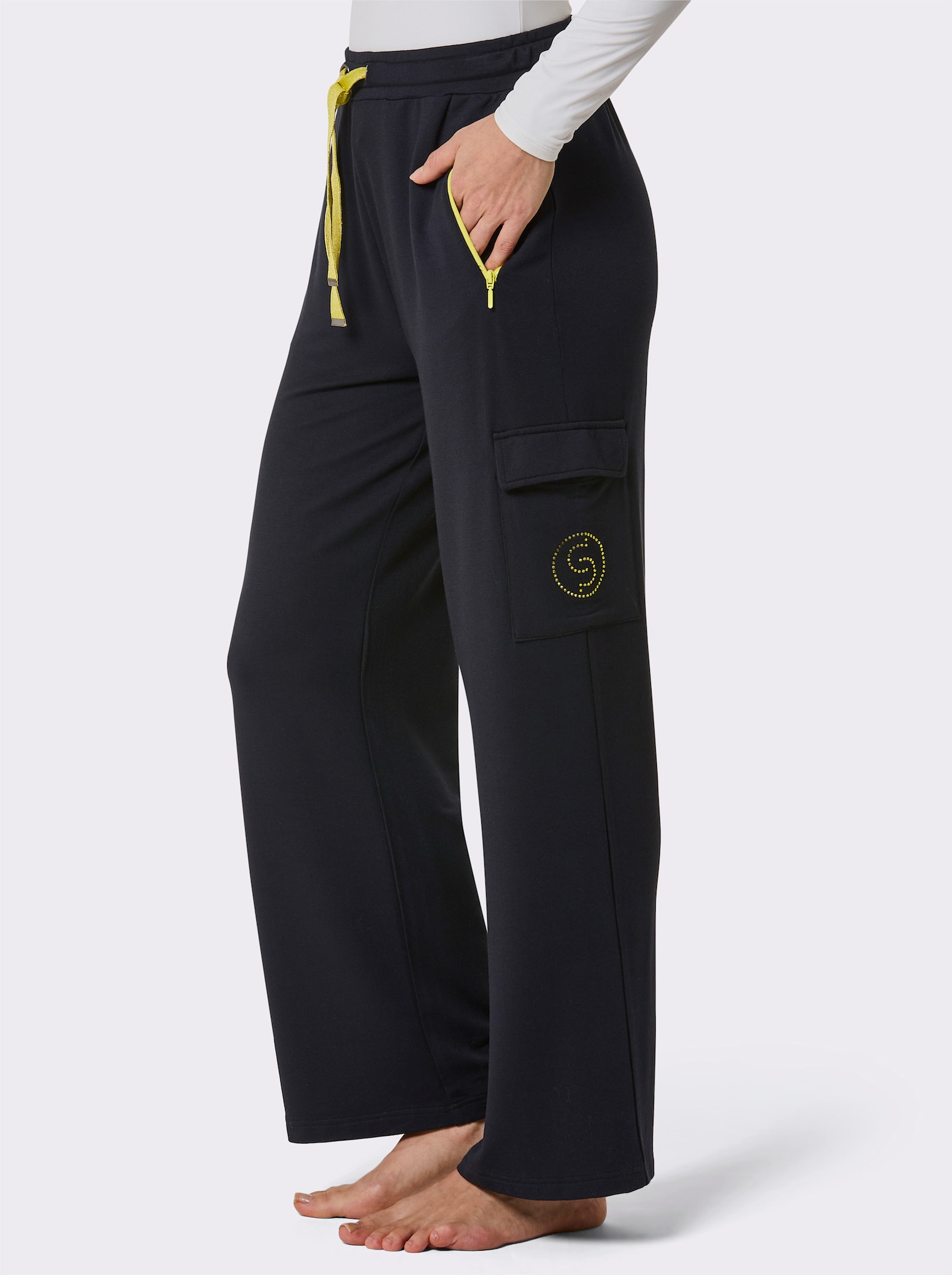 CREATION L PREMIUM Dehnbund-Hose mit Cargotasche - schwarz-limone