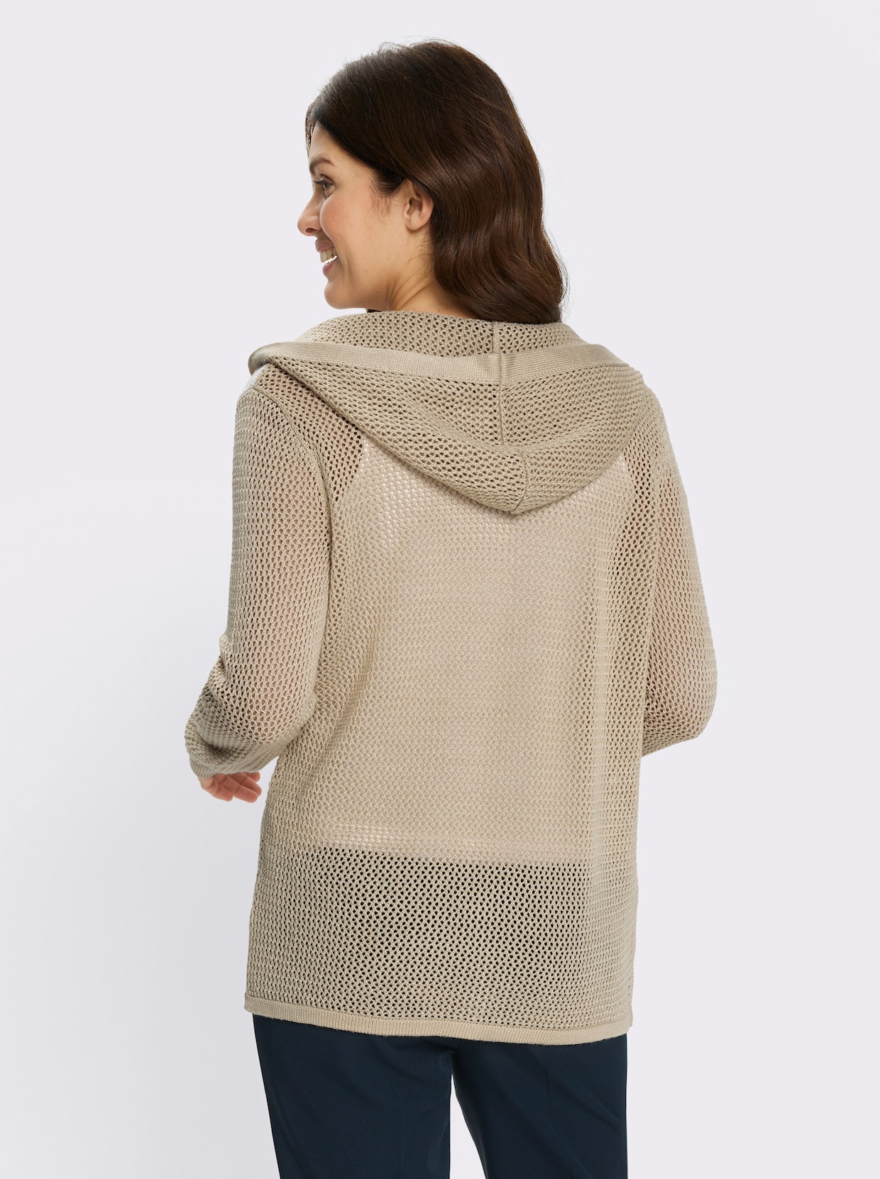 Ajourstrickjacke mit Kapuze - sand-ecru-gemustert