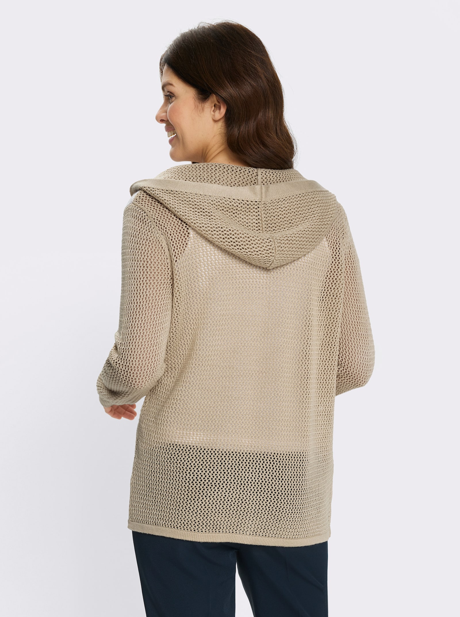 Ajourstrickjacke mit Kapuze - sand-ecru-gemustert