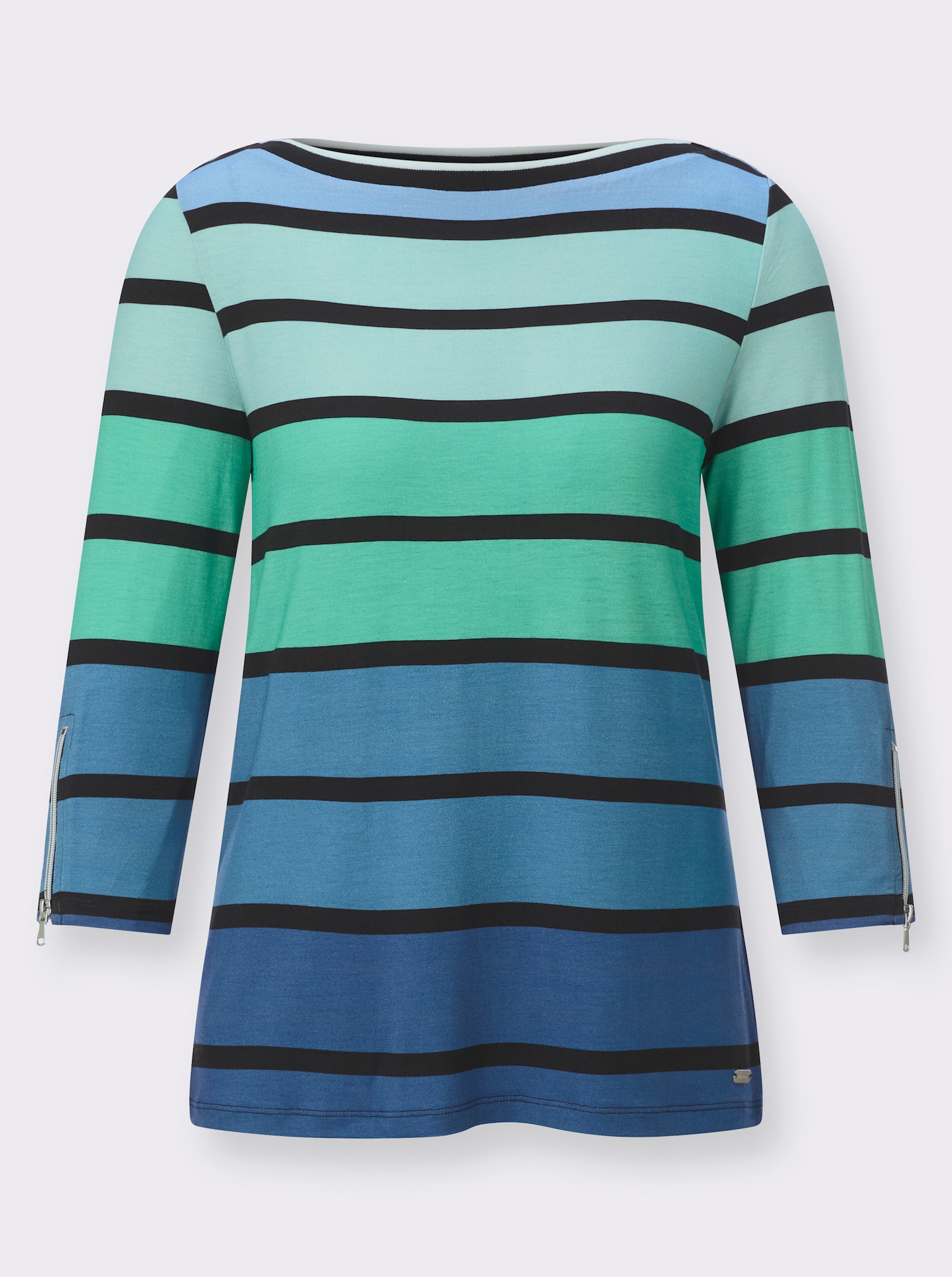3/4-Arm-Shirt mit U-Boot-Ausschnitt - blaugrün-schwarz-geringelt