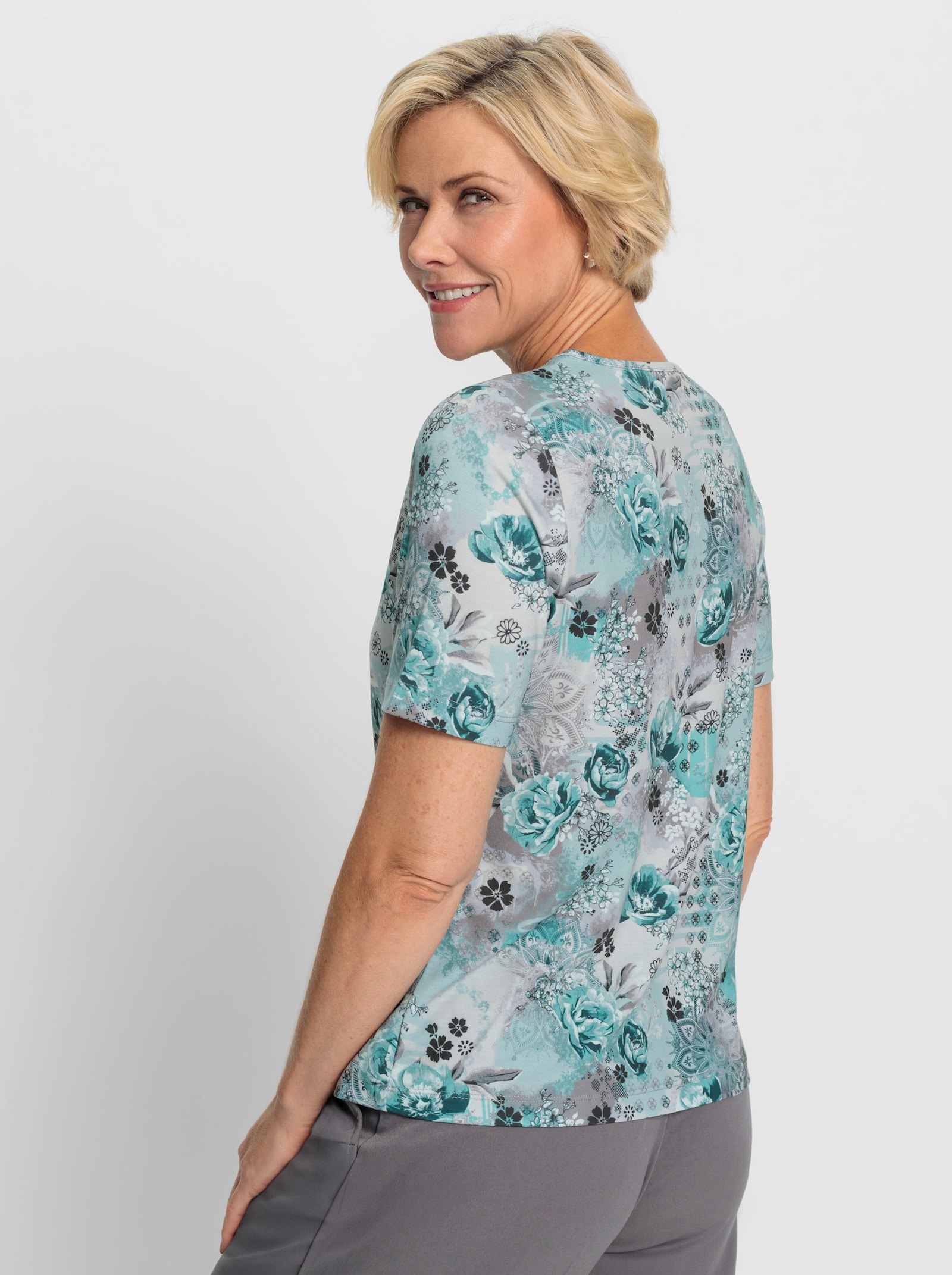  Rundhalsshirt mit floralem Muster - steingrau-salbei-bedruckt