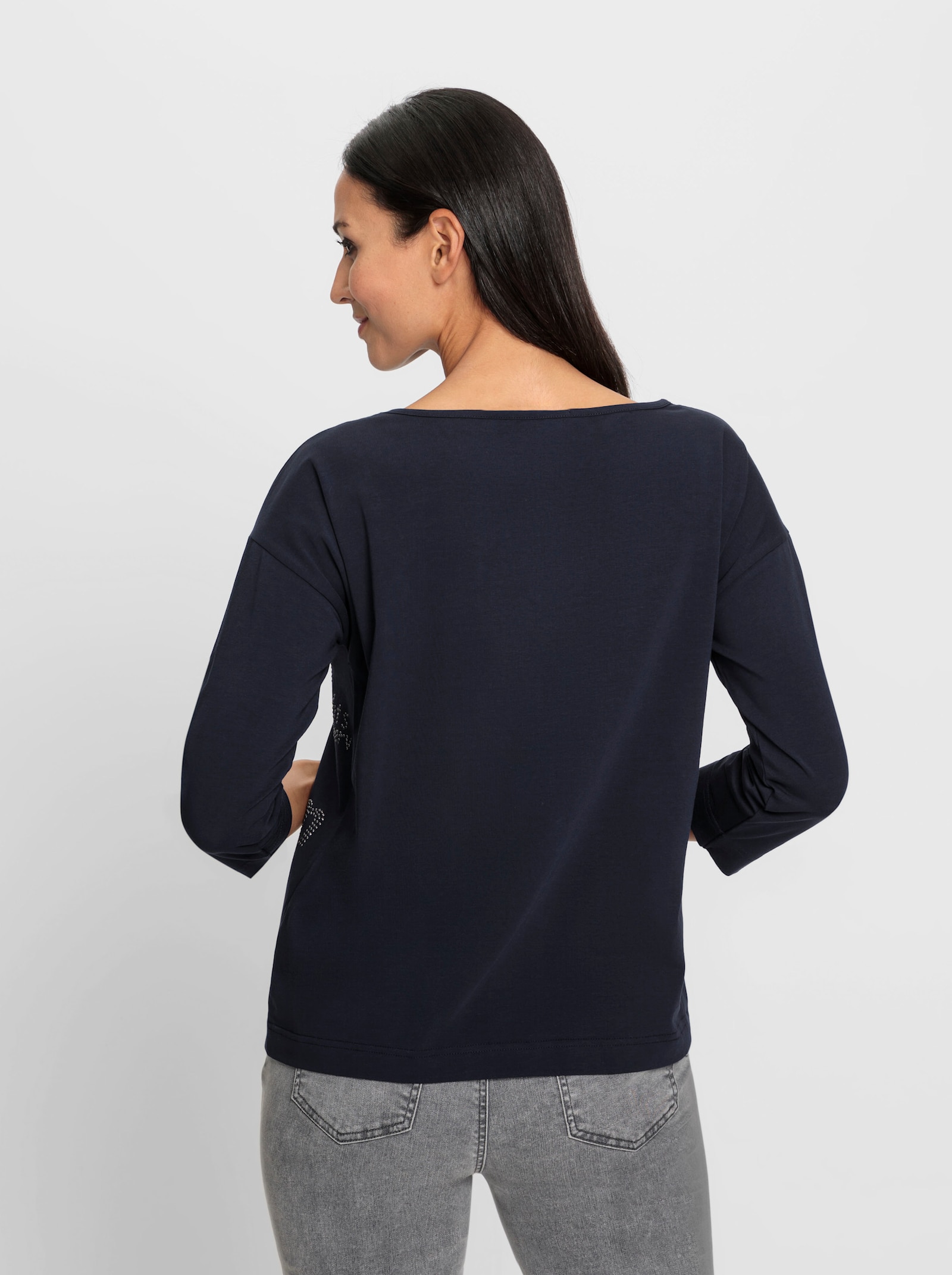 heine Shirt met 3/4-mouwen en opschrift van glittersteentjes - marine