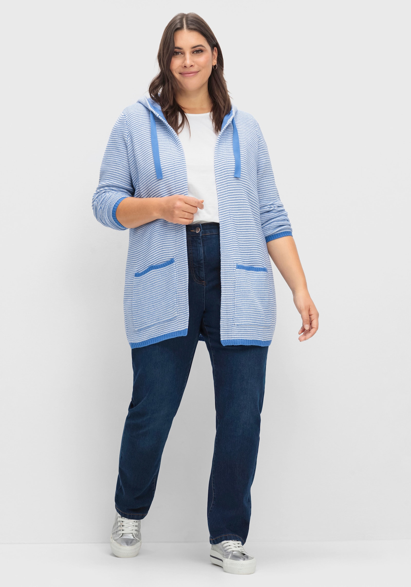 Kapuzenstrickjacke in langer Form - jeansblau-geringelt