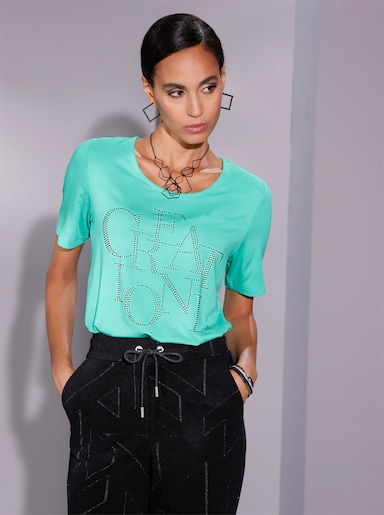Shirt met korte mouwen en opschrift van glittersteentjes - blauwgroen
