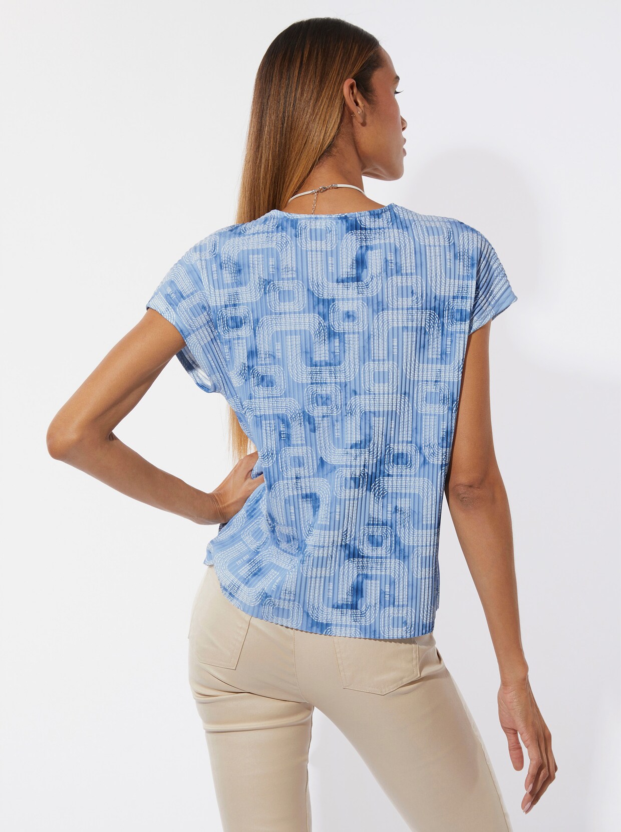 Plissee-Shirt - himmelblau-ecru-bedruckt