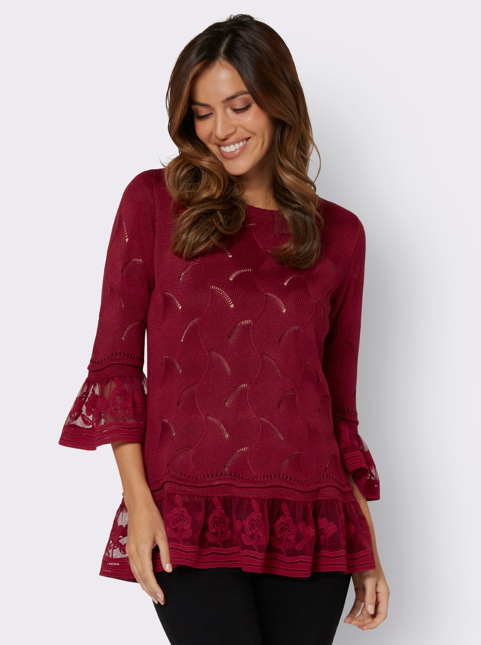 Longpullover mit Spitzenbesatz - kirsche