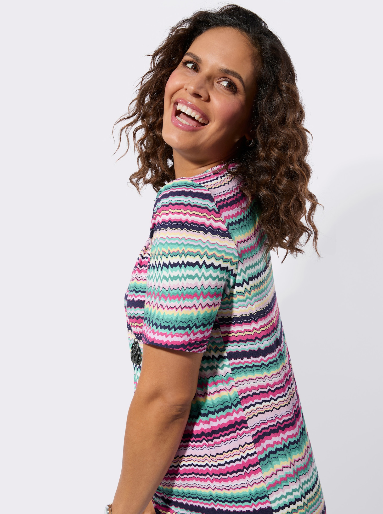 Kurzarmshirt mit abstraktem Ringel-Muster - fuchsia-blaugrün-bedruckt