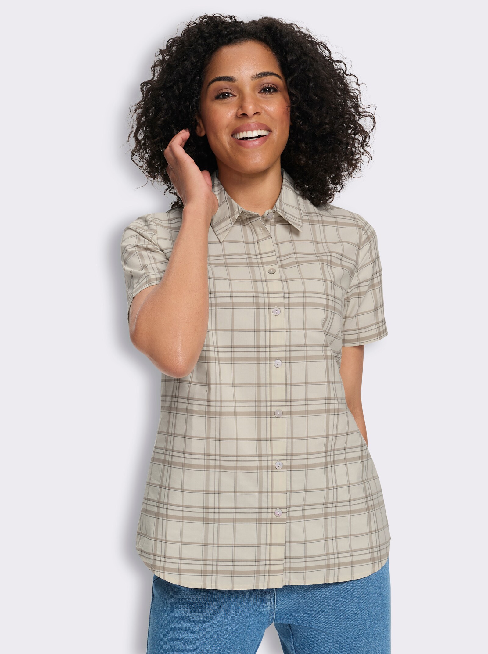Geruite blouse met afgeronde zoom - champagne/sesam geruit