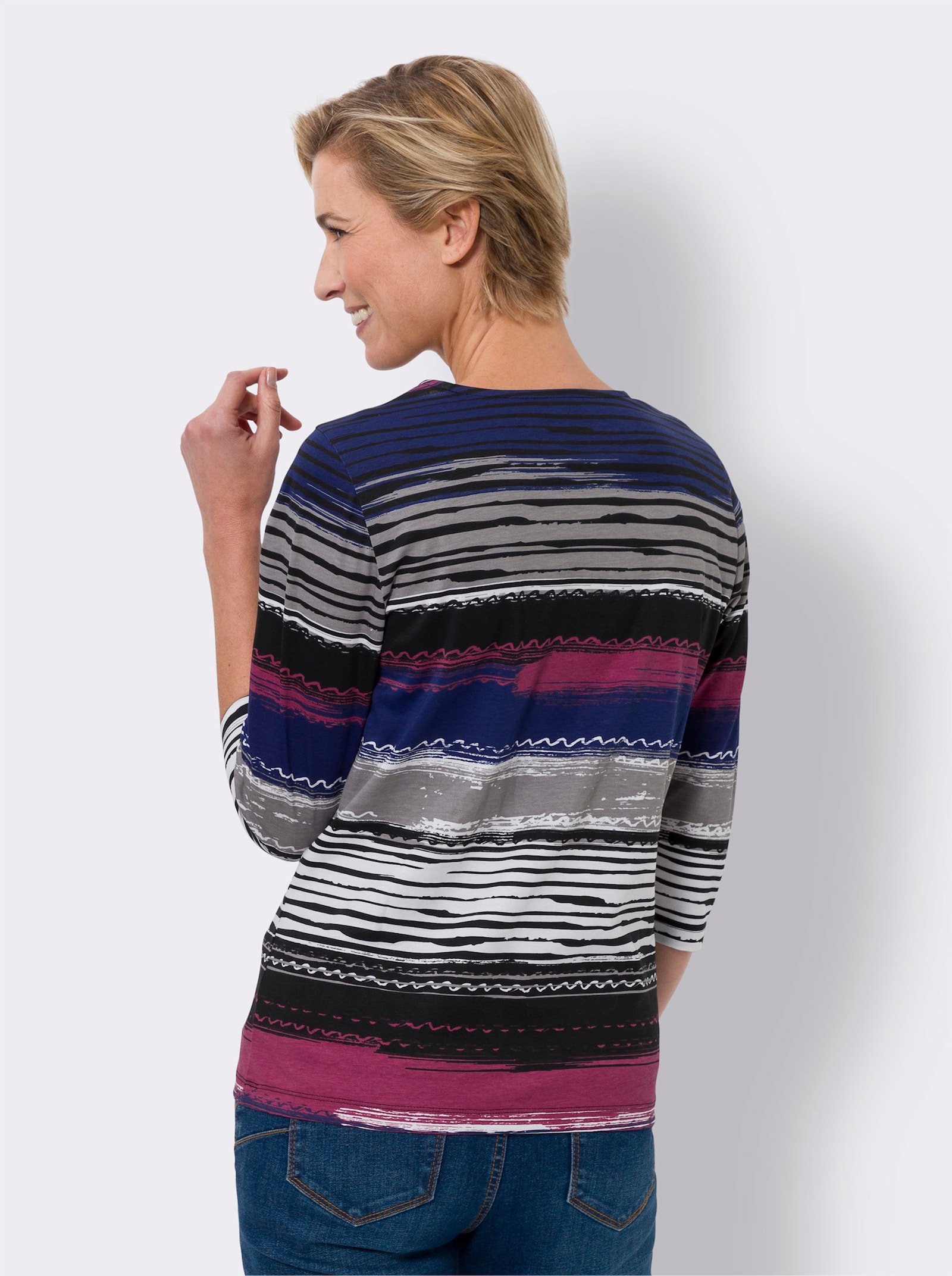 3/4-Arm-Shirt im Streifen-Dessin - royalblau-schwarz-bedruckt