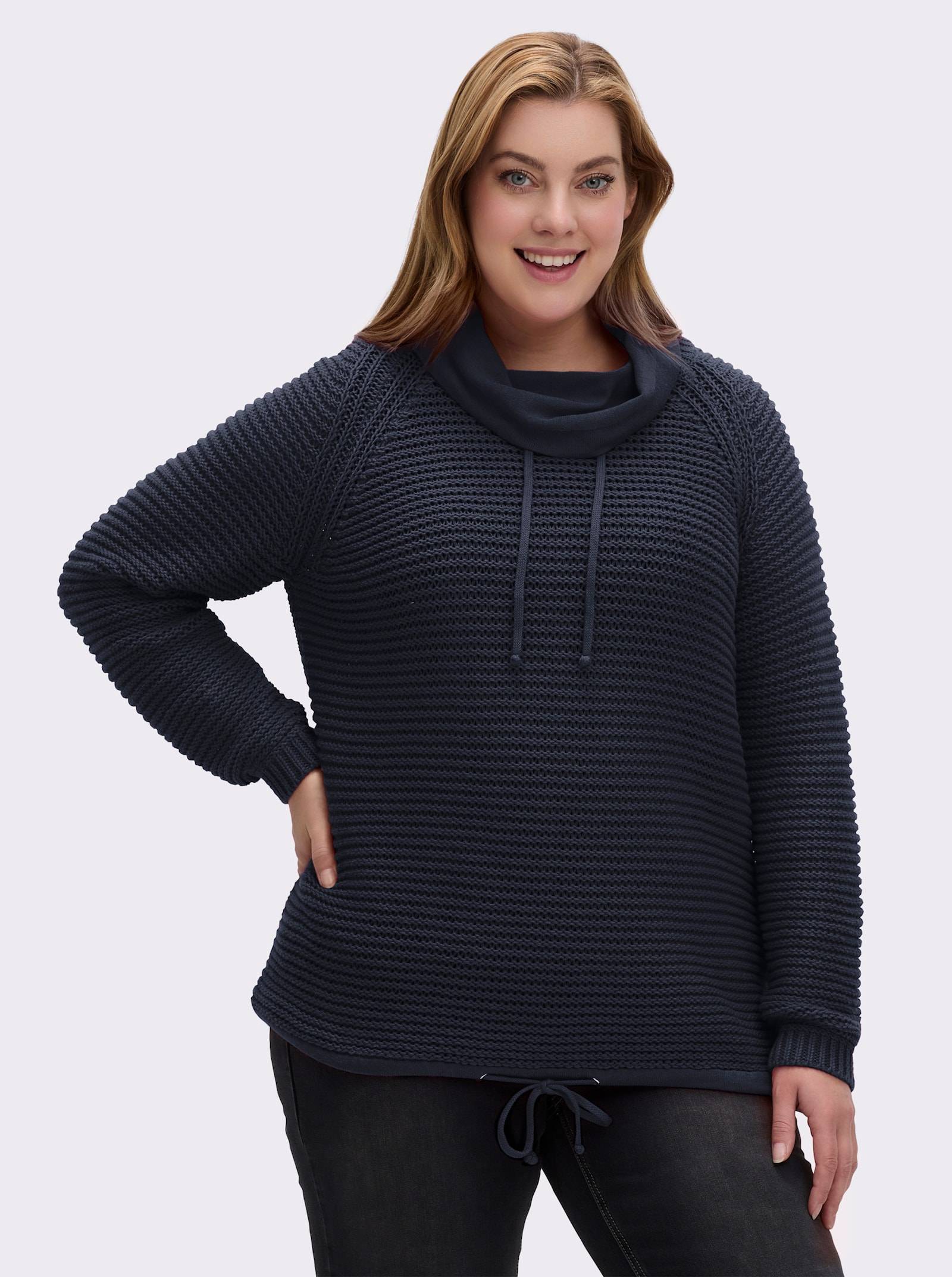 Rollkragenpullover mit Tunnelzug und Bindeband - marine