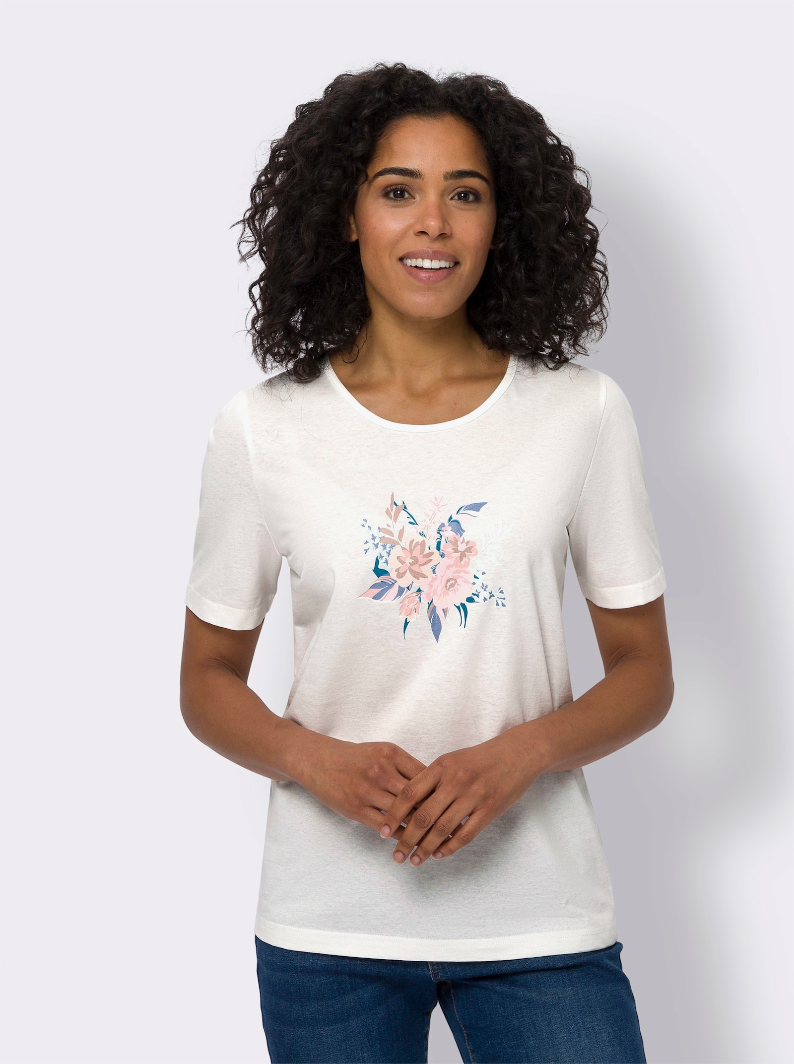 Kurzarmshirt mit Blumen-Federn-Druck - ecru-taubenblau
