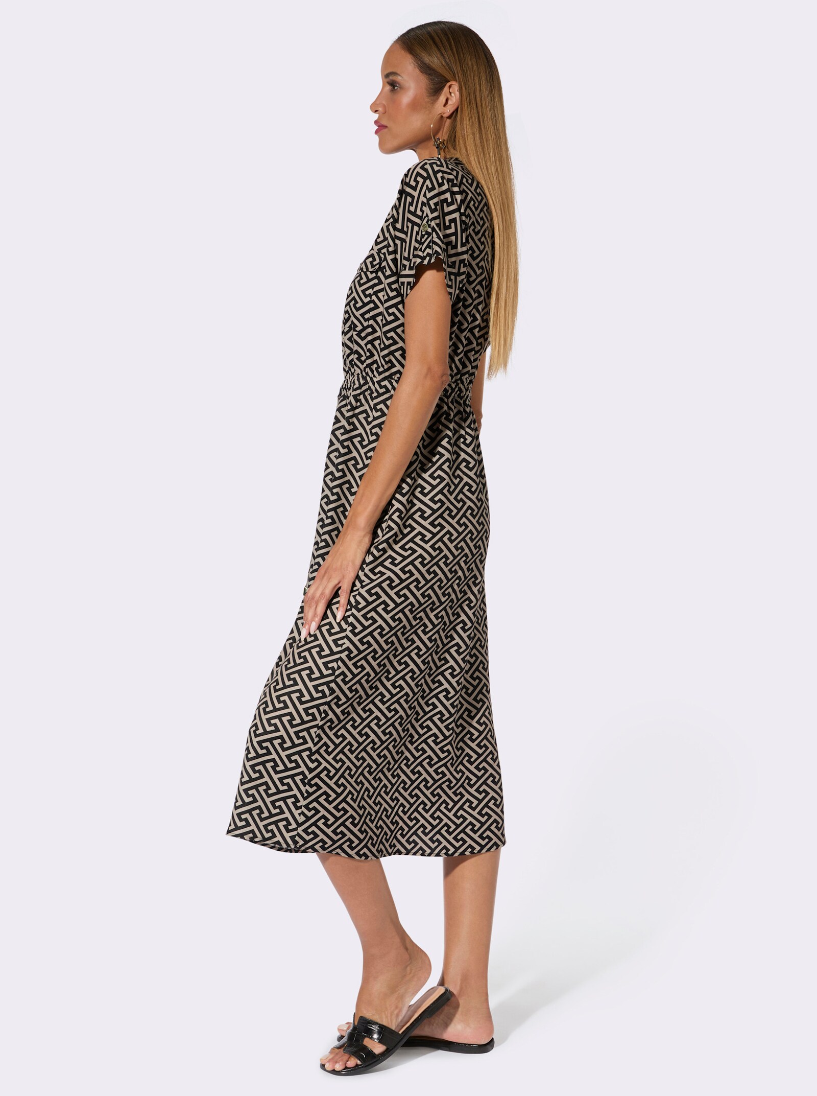 Webkleid mit Brust-Pattentaschen - schwarz-sand-bedruckt