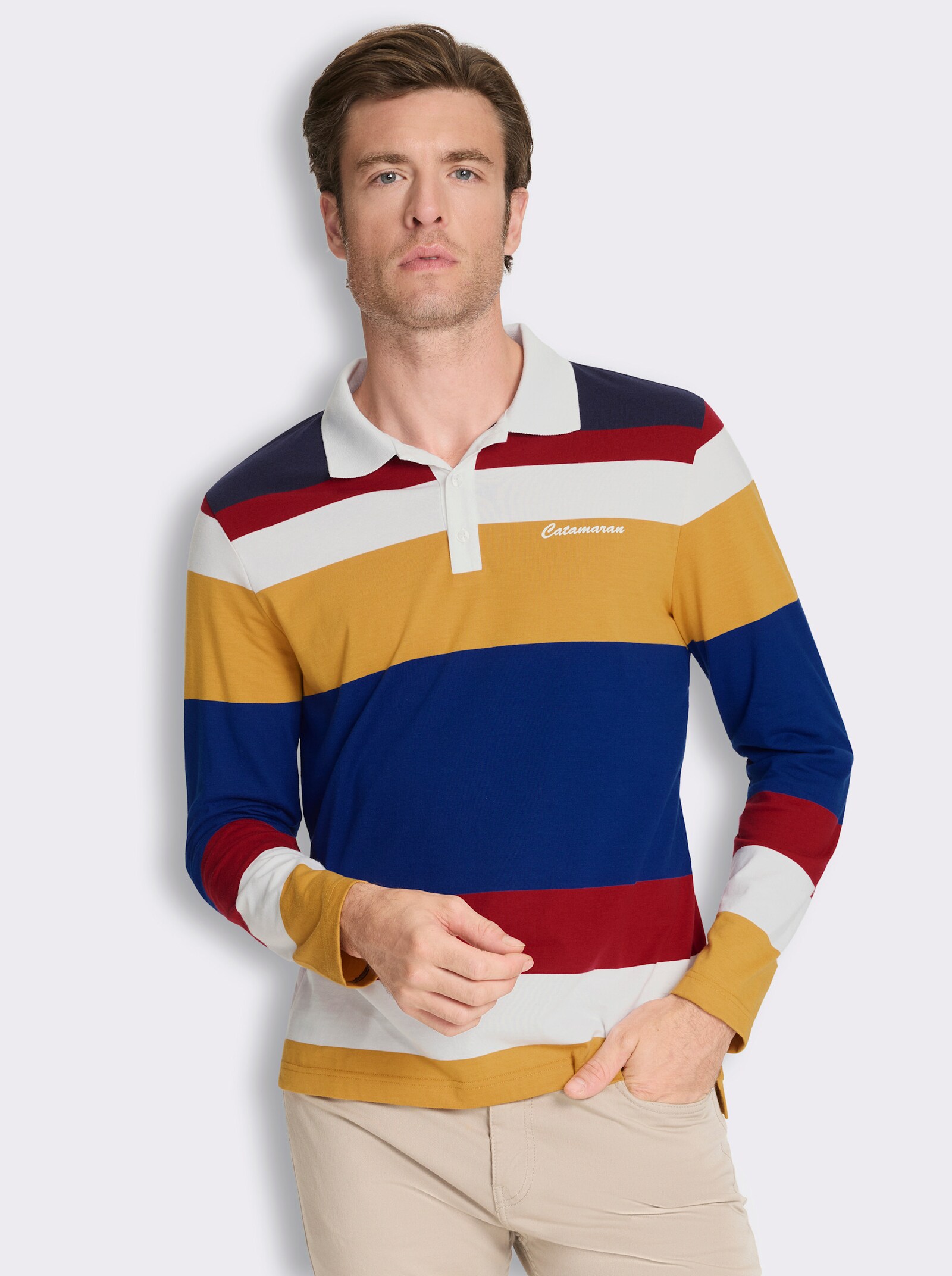 Langarm-Poloshirt mit Streifen - royalblau-kirsche-gestreift