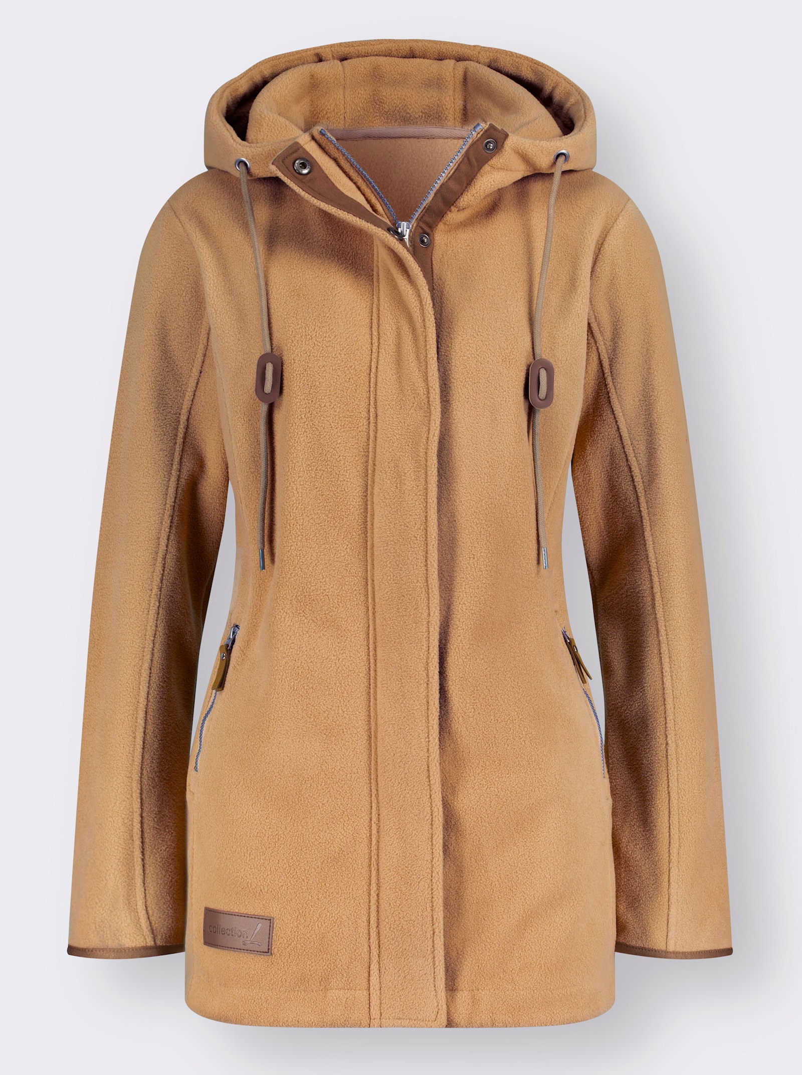 Kapuzenfleecejacke mit verdecktem Reissverschluss - camel