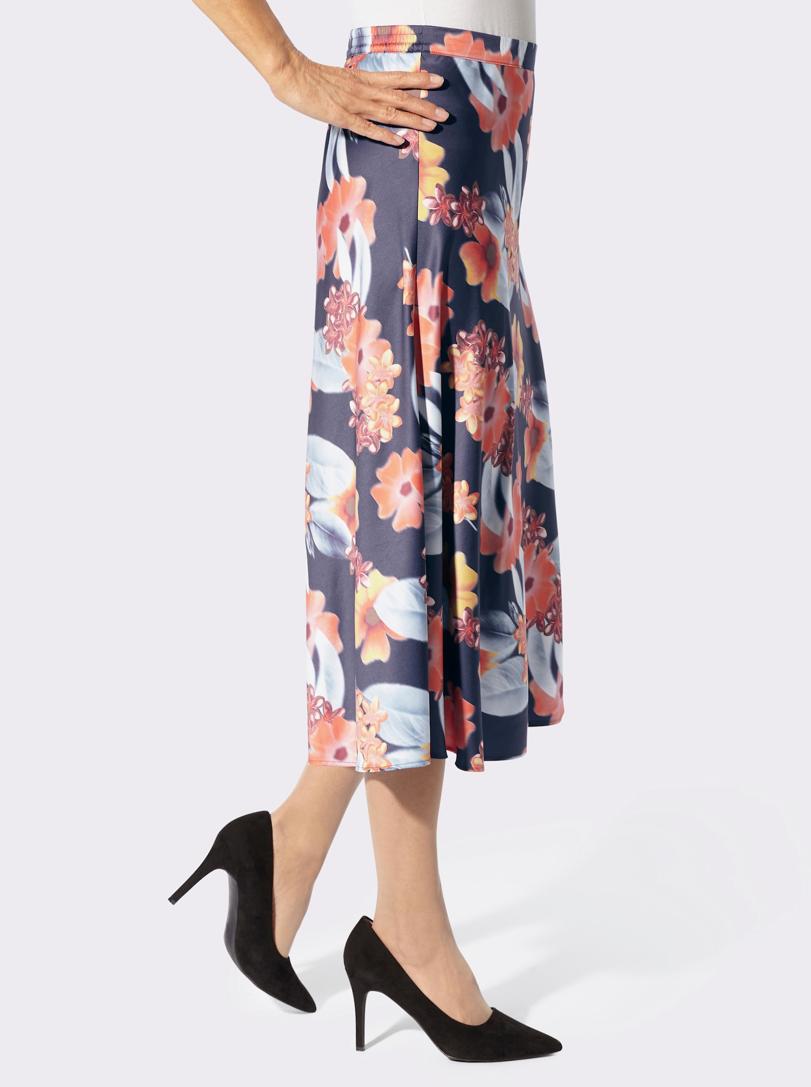 Satinrock in glänzender Qualität - marine-papaya-bedruckt