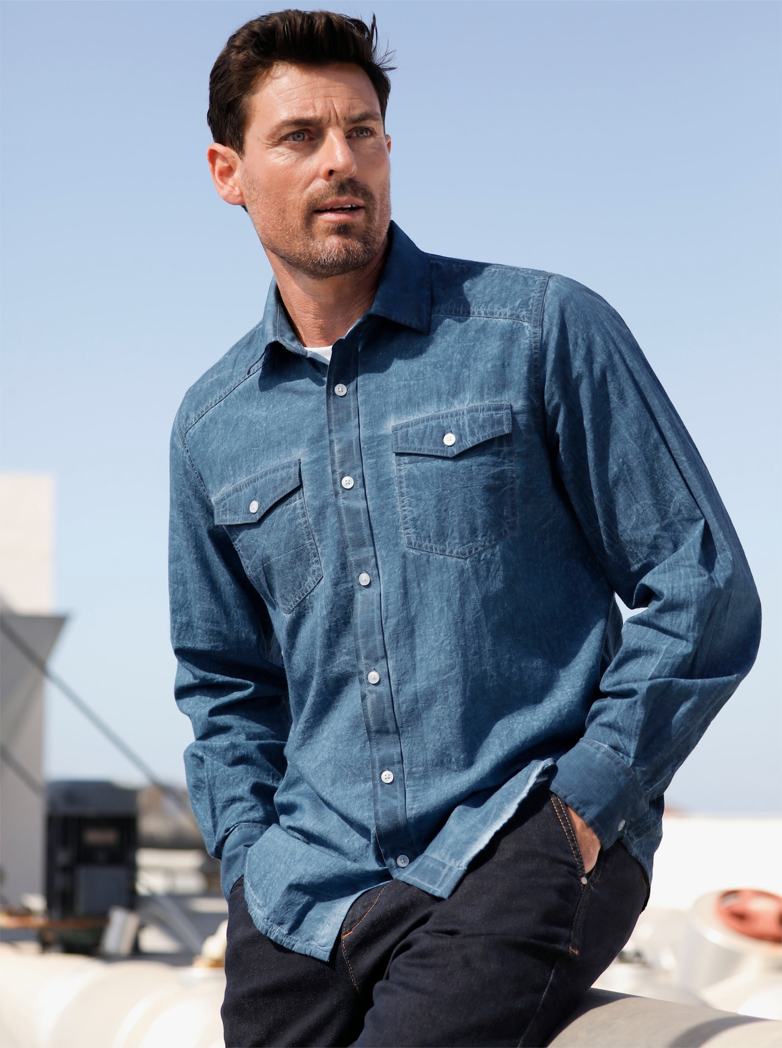 Marco Donati Langarmhemd in Oil-dyed-Waschung - jeansblau