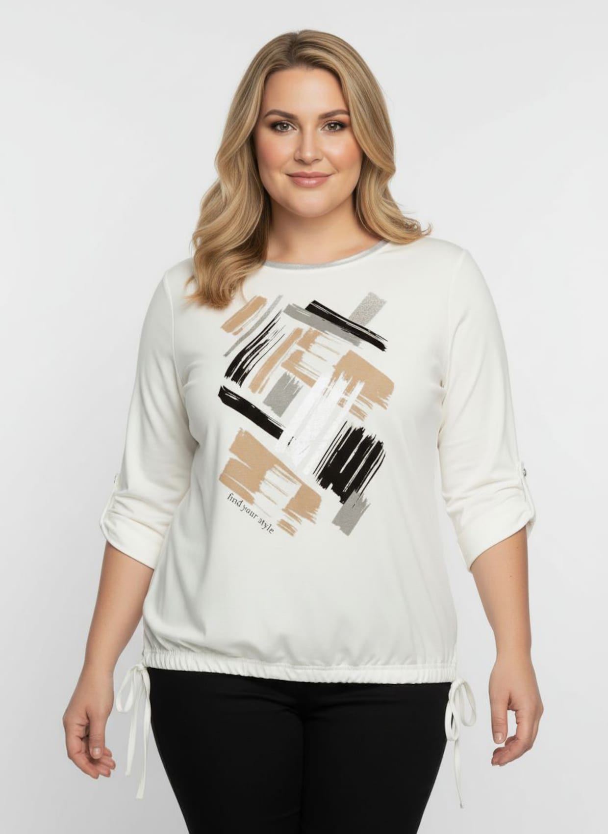 Print-Shirt mit silberfarbigen Details - ecru-schwarz-bedruckt