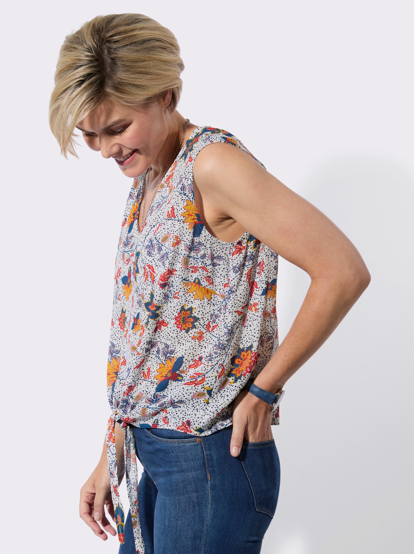 Blusentop mit imitierter Knopfleiste - weiß-erdbeere-bedruckt