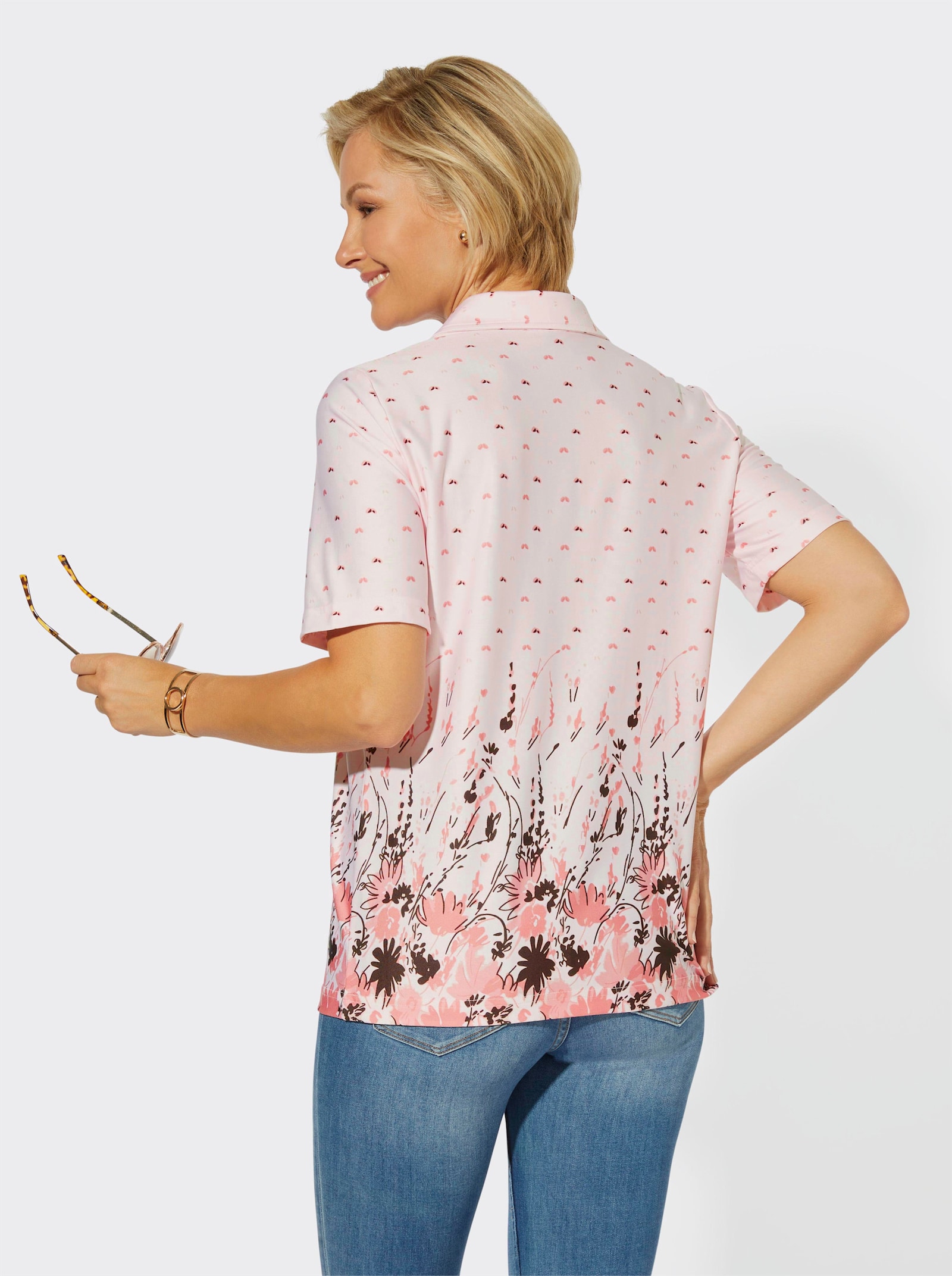 Poloshirt mit Blumen-Motiven - hellrosé-rosenholz-bedruckt