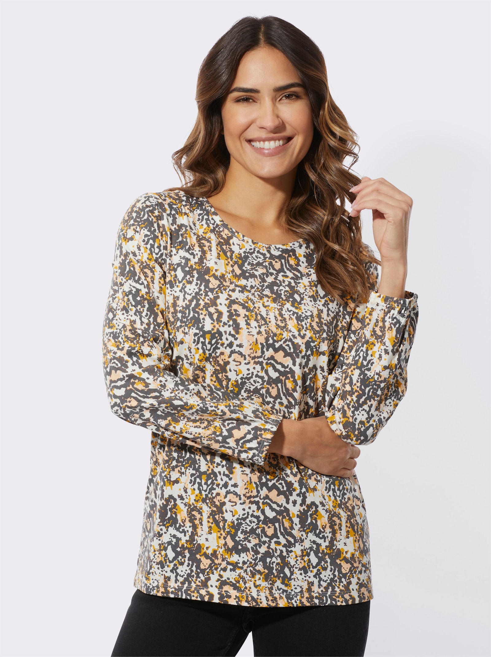 Shirt met lange mouwen van puur katoen - ecru/antraciet bedrukt