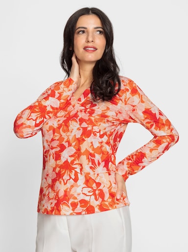 heine V-Shirt mit Wickel-Effekt - orange-ecru-bedruckt