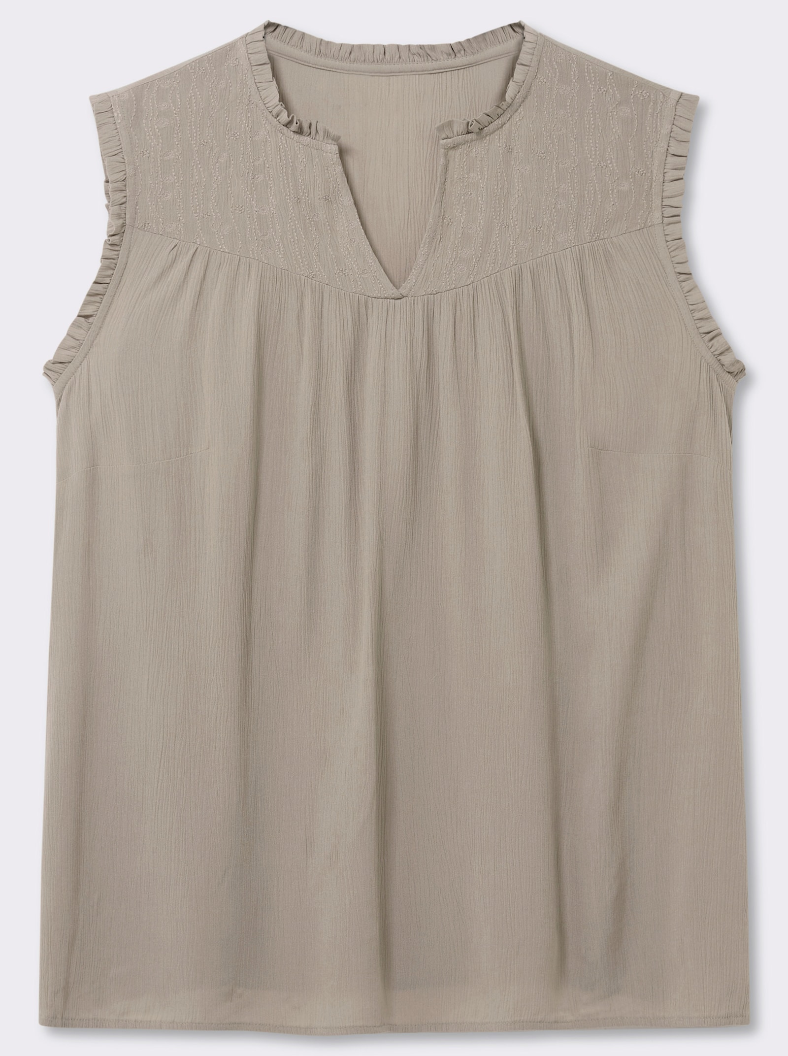 sheego Ärmellose Bluse mit Rüschen und Stickerei - sesam