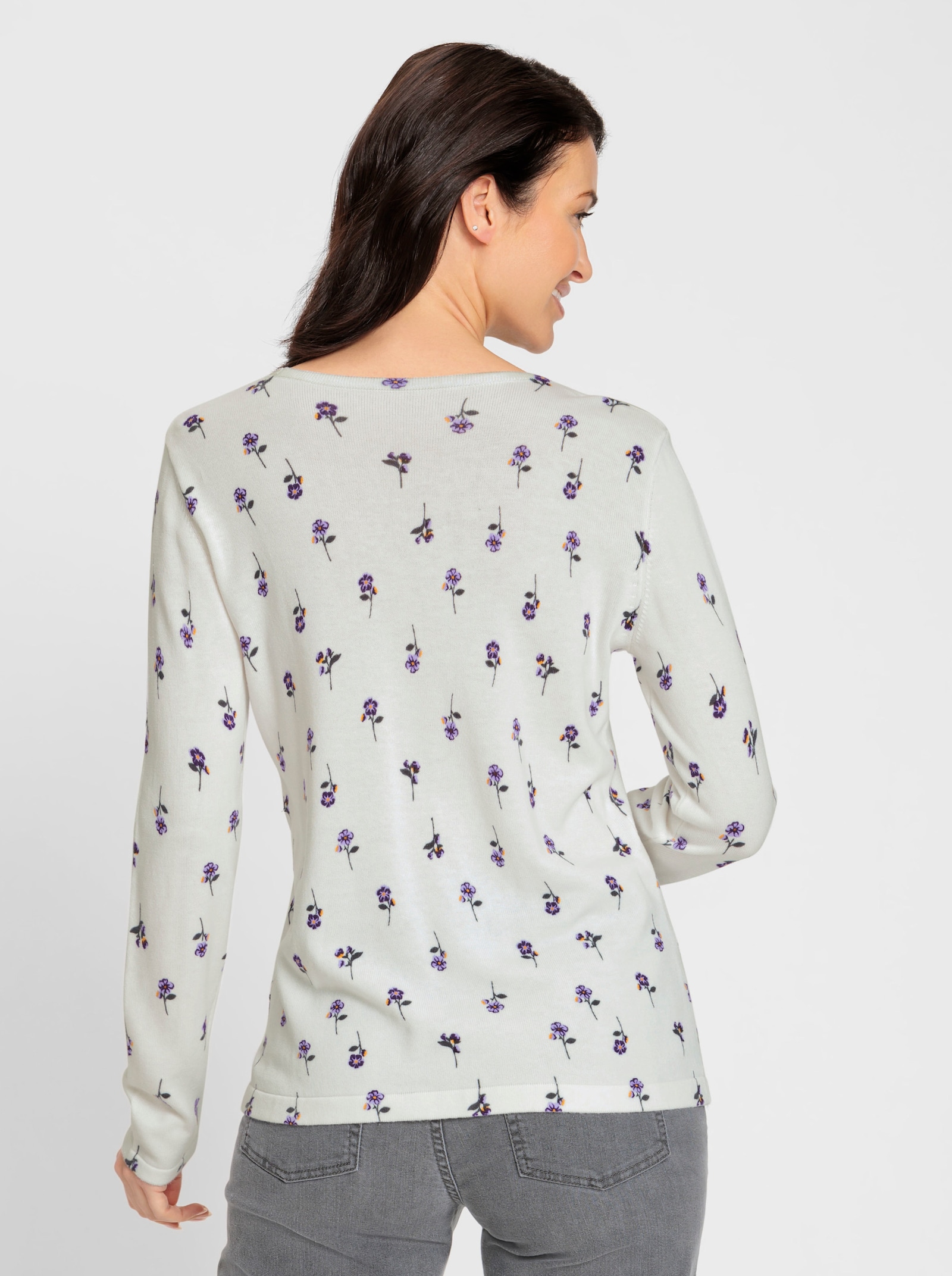 Feinstrickpullover mit Blumen-Dessin - ecru-bedruckt