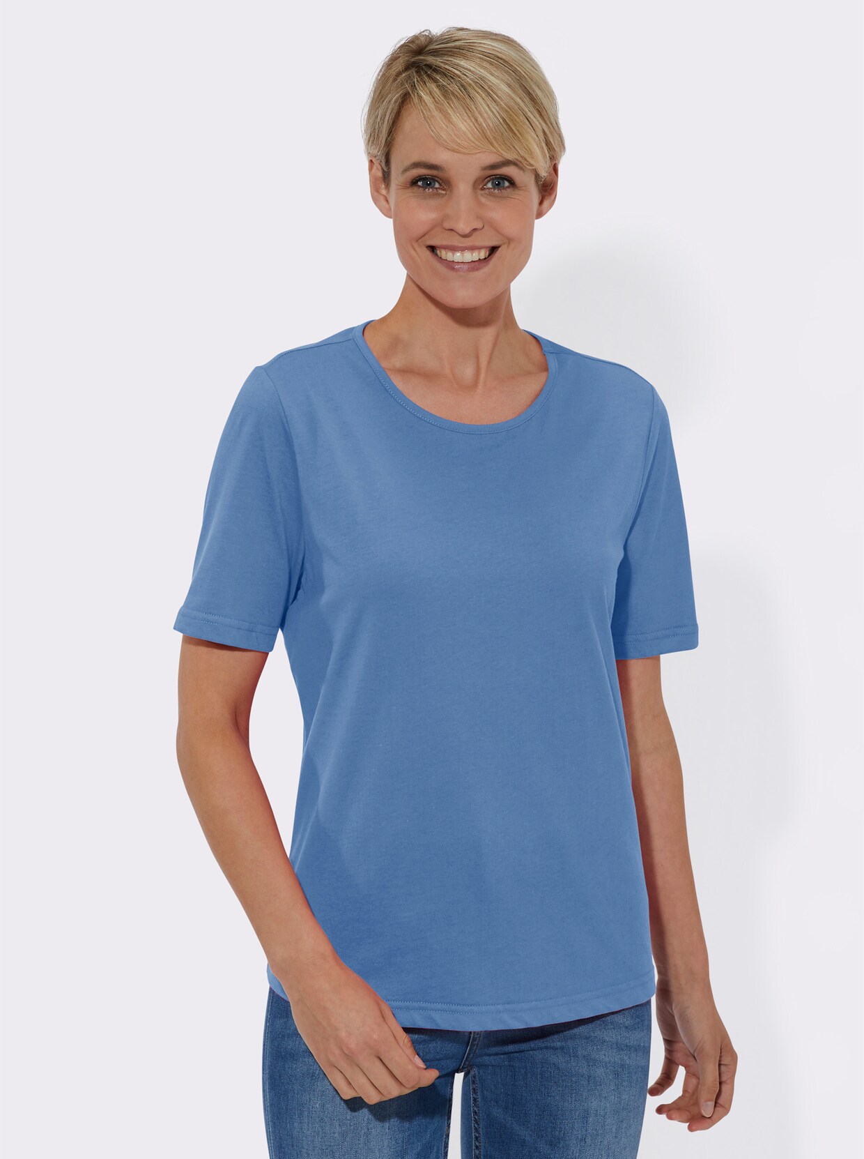 Kurzarmshirt - weiß-royalblau-bedruckt + himmelblau