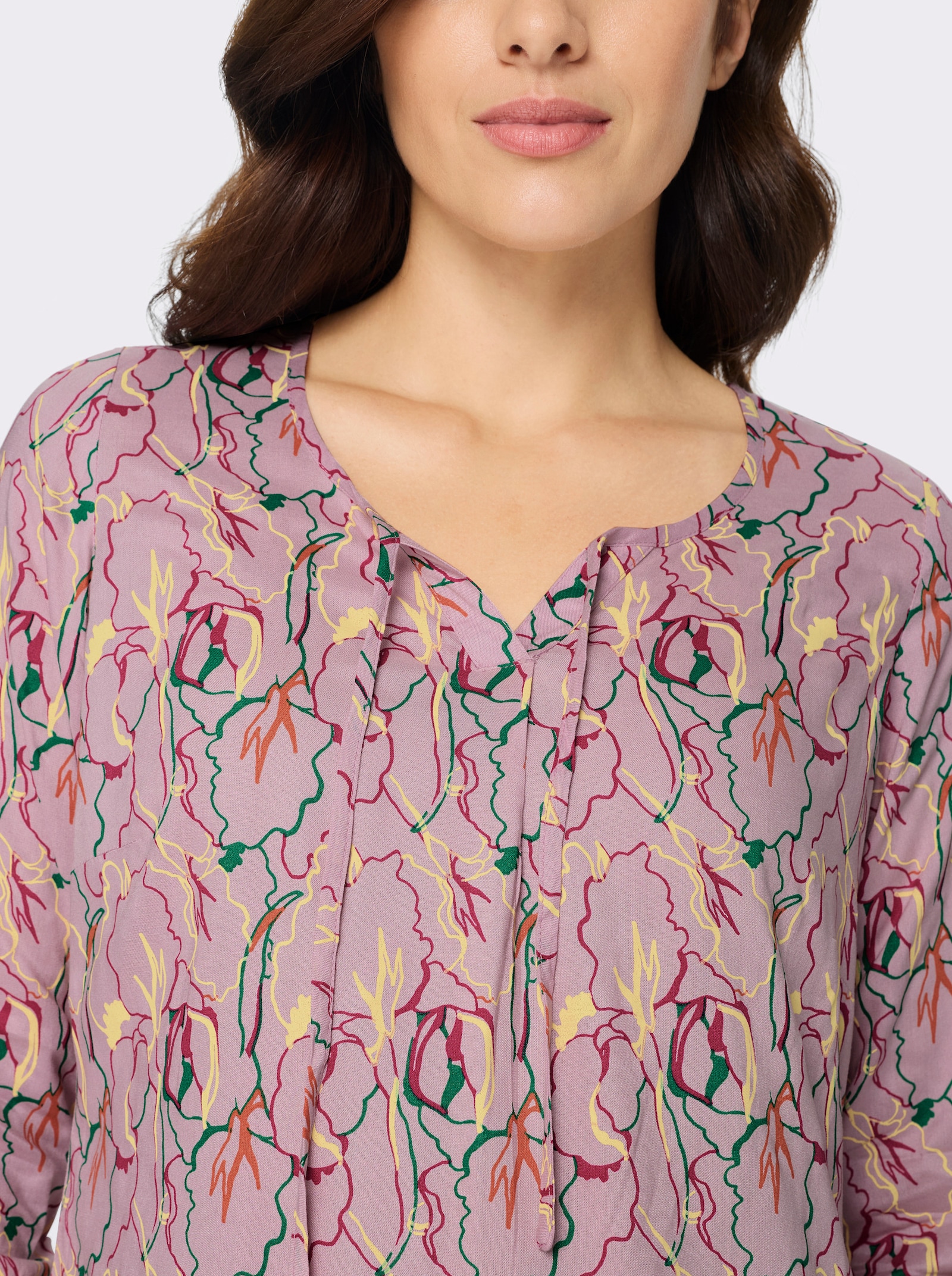 A-Linien-Kleid mit Bindeband am Ausschnitt - rosé-pink-bedruckt