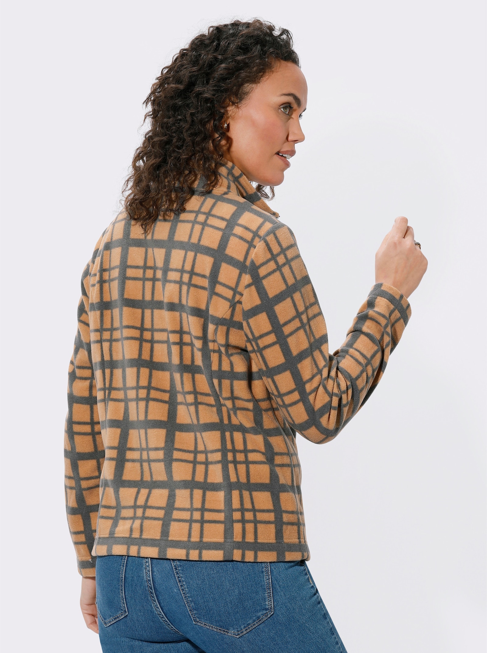 Fleecejack met ruitdessin - camel/antraciet bedrukt