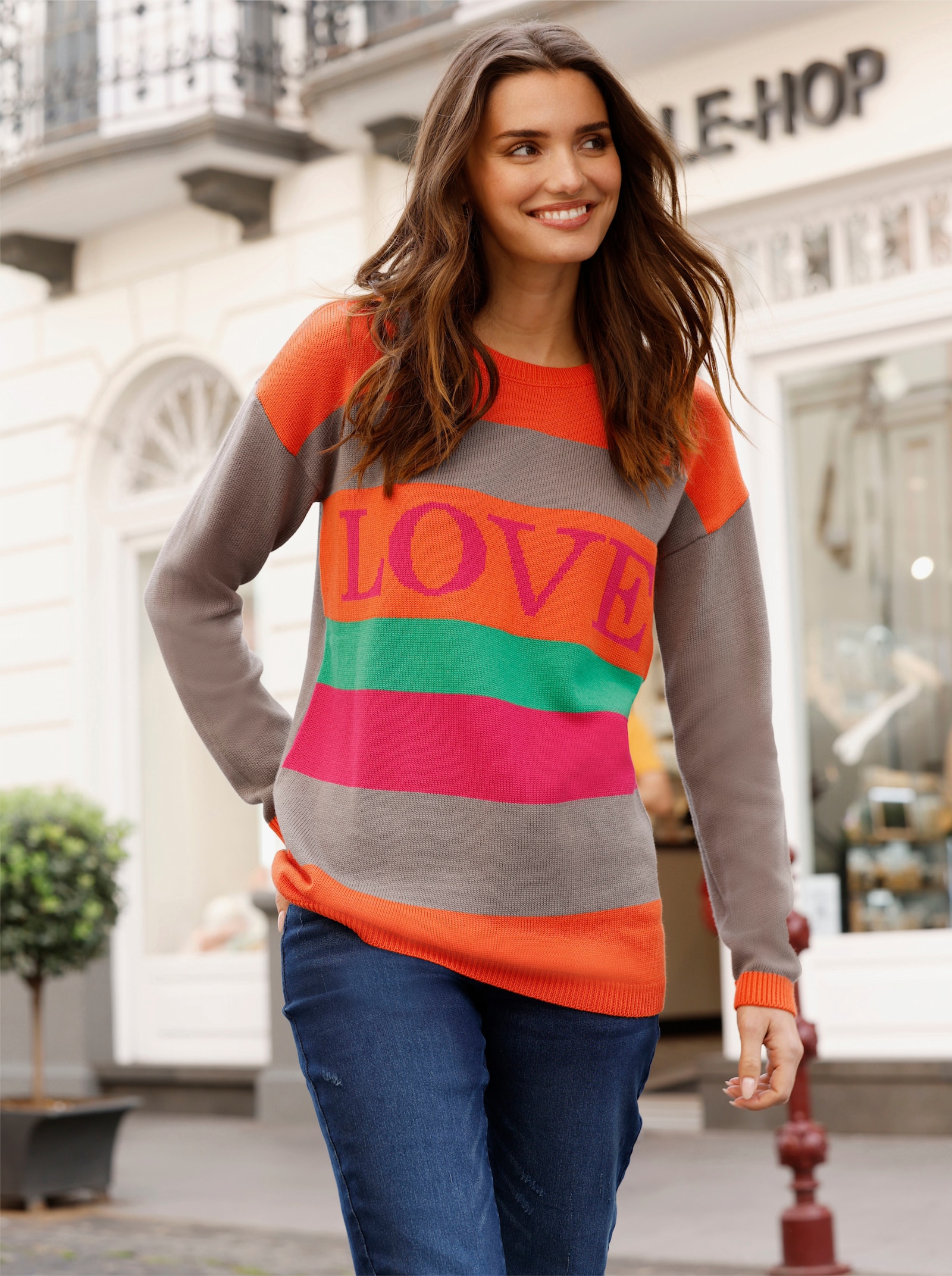 Longpullover mit Blockstreifen - taupe-orange-gestreift