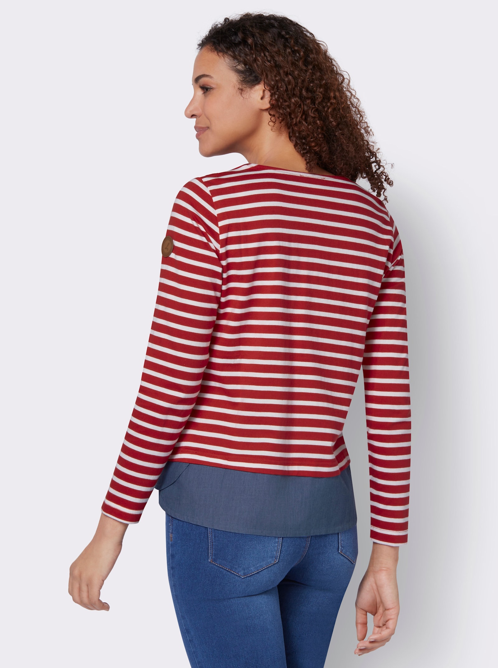 Streepjesshirt met verlengde zoom achter - rood/ecru gestreept