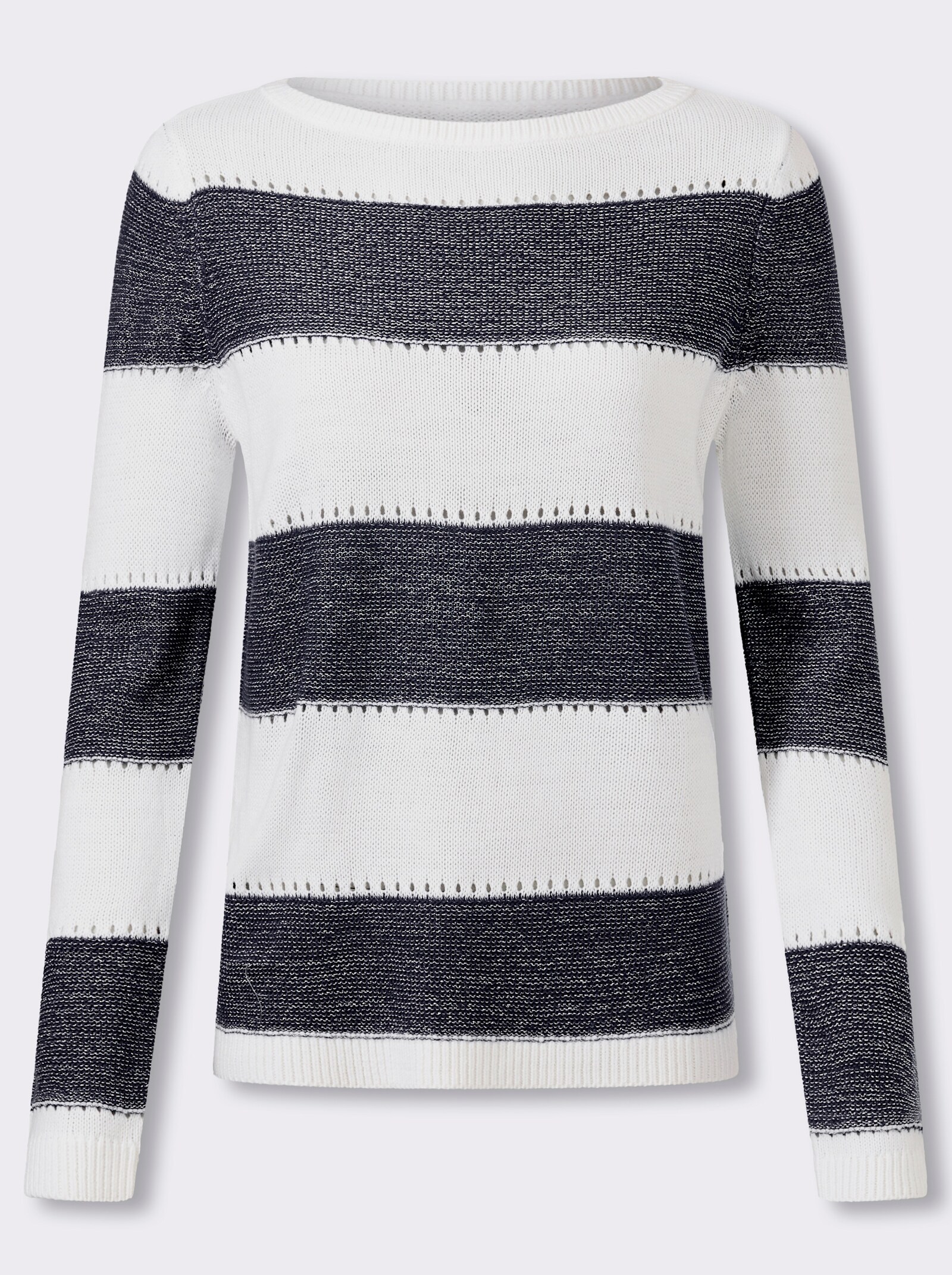 Langarm-Pullover mit Glanzgarn, Streifen-Muster - marine-ecru-gemustert
