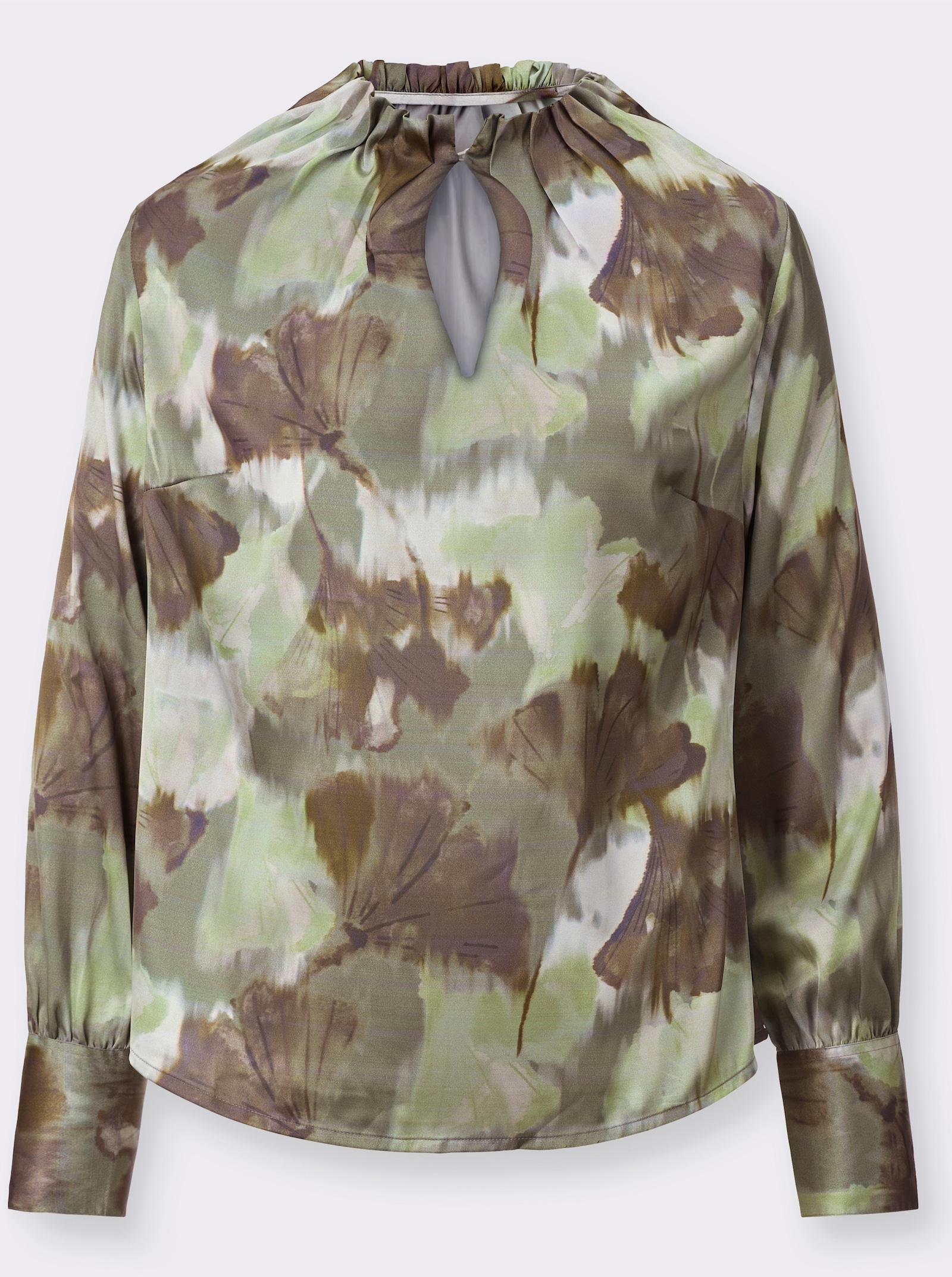 Satijnen blouse met brede knoopmanchetten - kaki/lindegroen bedrukt