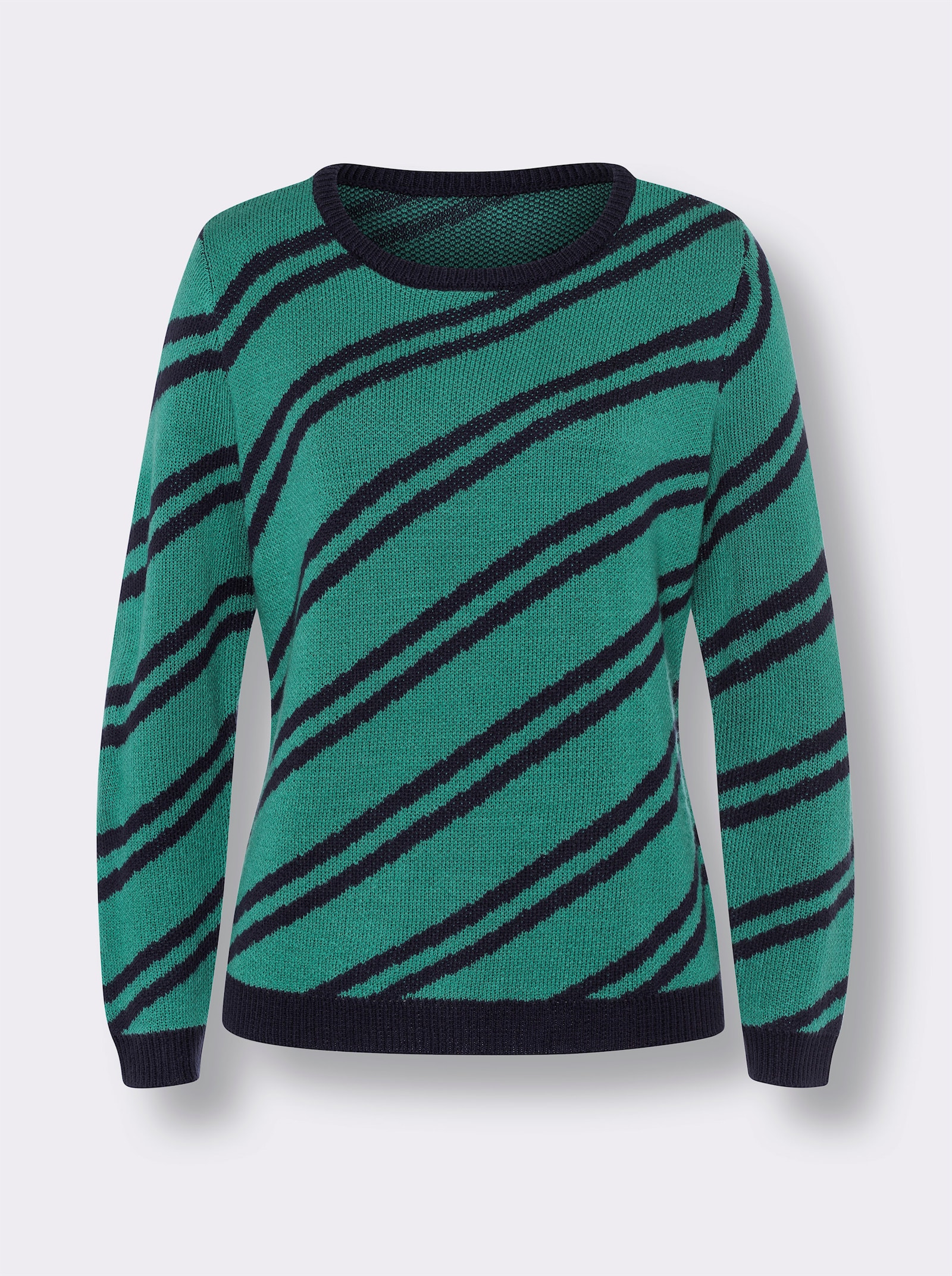 Langarm-Pullover mit diagonalen Streifen - marine-smaragd-gestreift