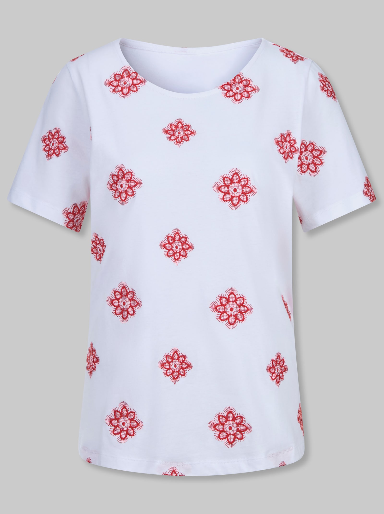 heine Kurzarmshirt mit Blumen-Stickereien - weiß-erdbeere-gemustert