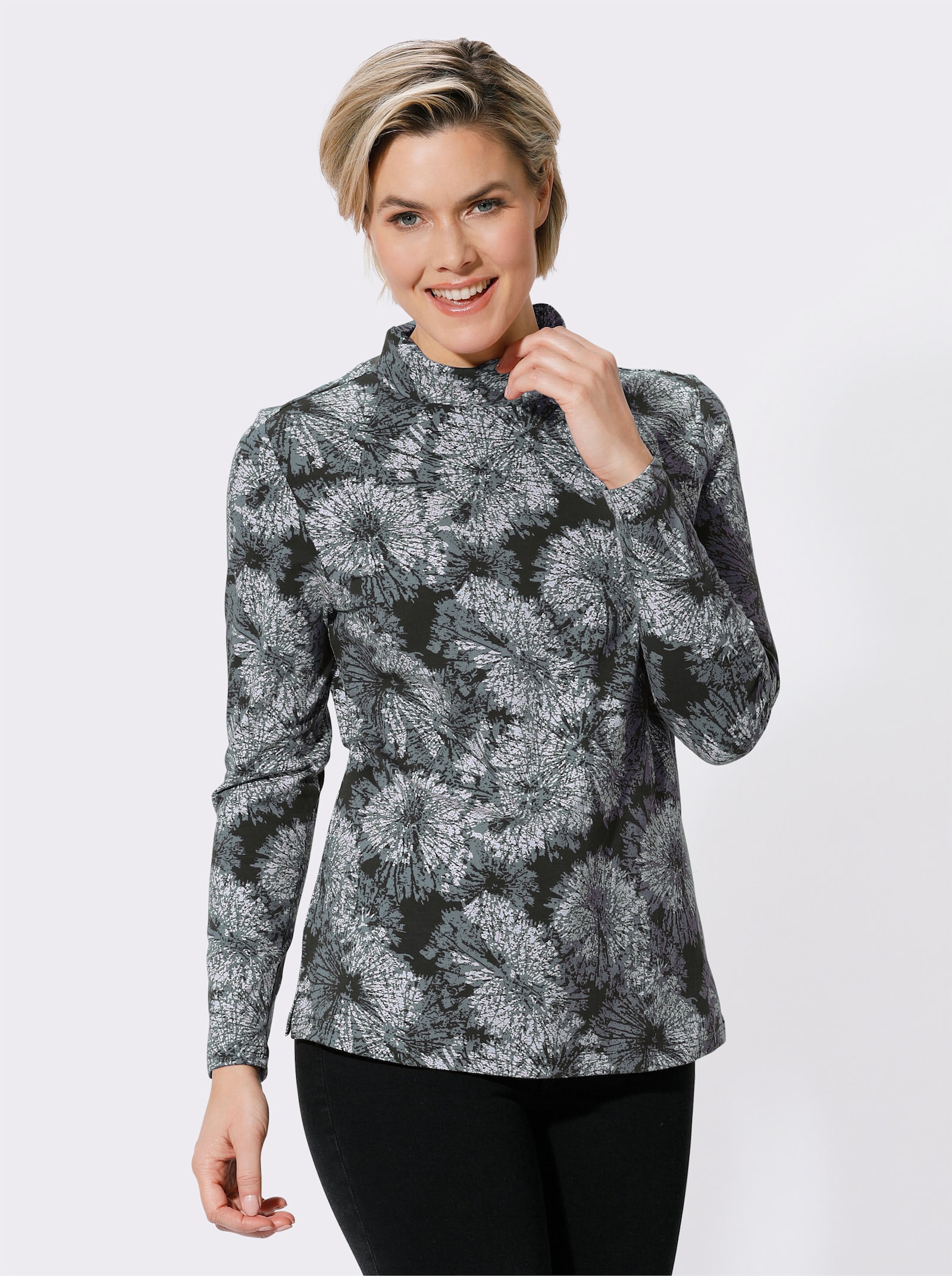 Stehkragenshirt mit Seitenschlitzen - jade-graphit-bedruckt