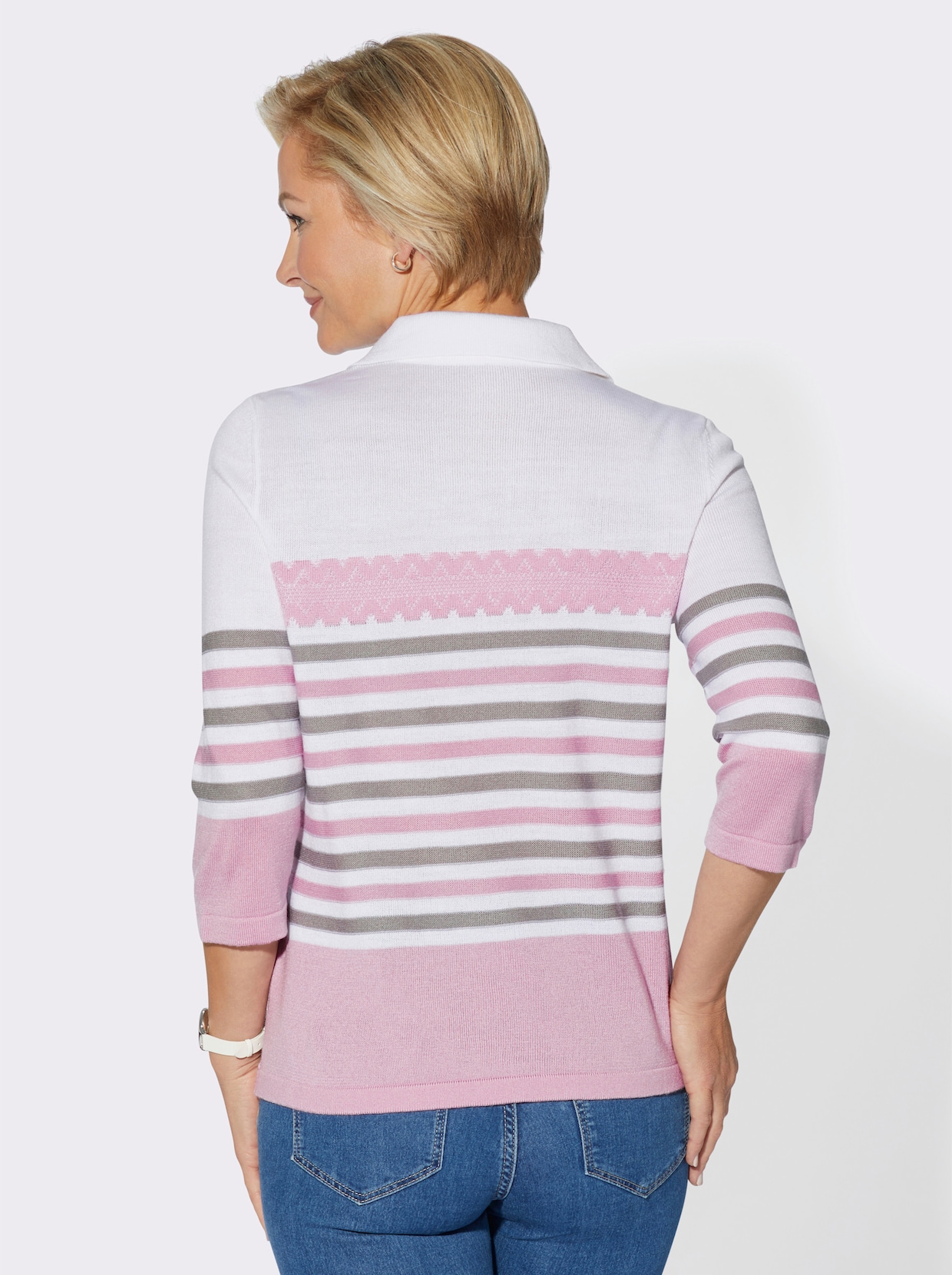 Polopullover - rosé-steingrau-geringelt