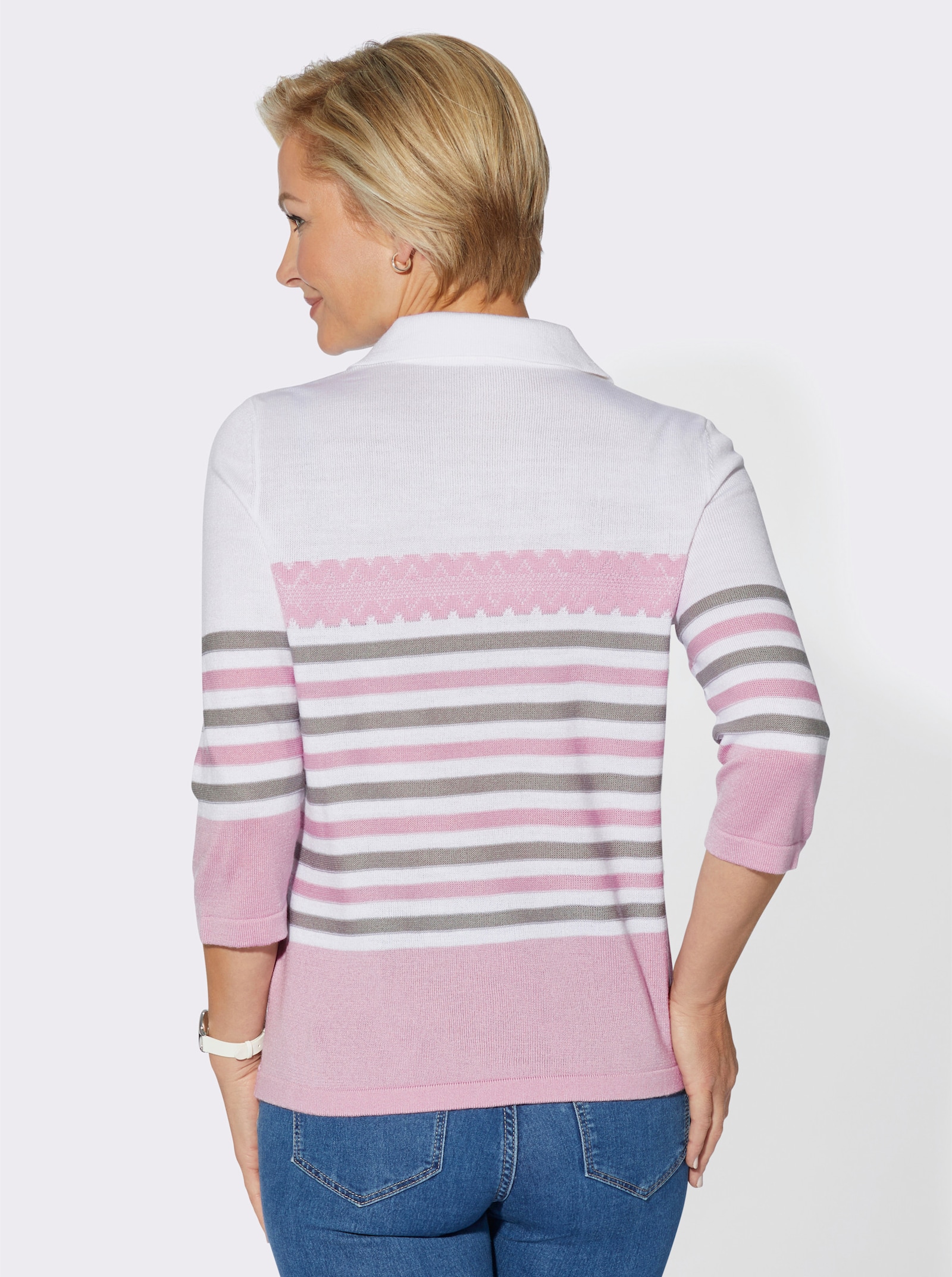 Polopullover mit Ringelmuster - rosé-steingrau-geringelt