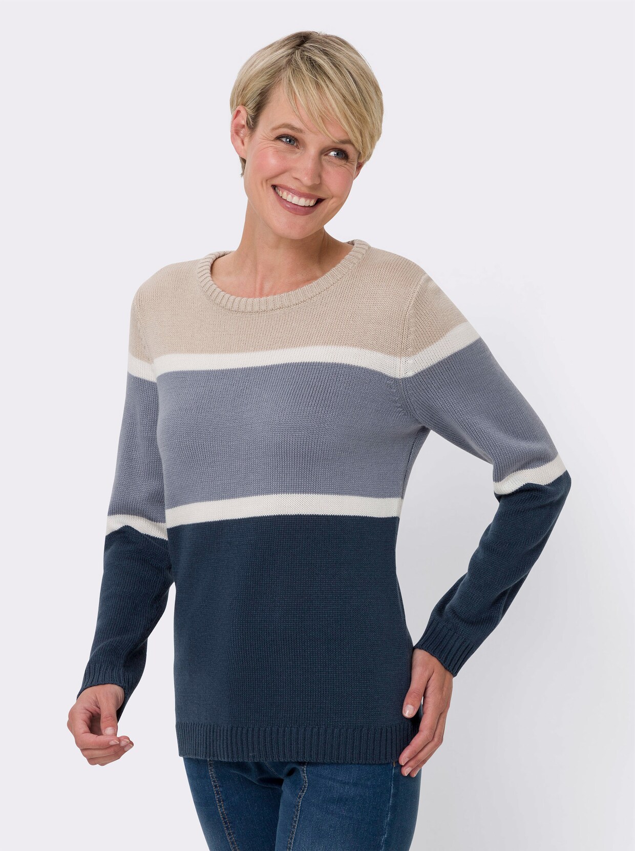 Langarm-Pullover - sand-dunkelblau-gestreift