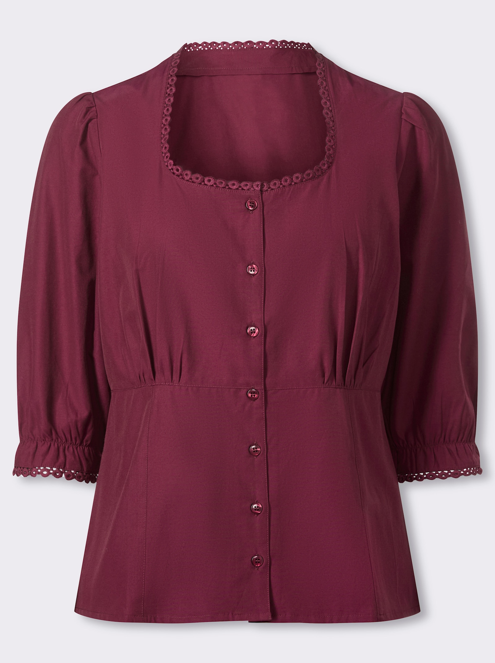 Trachtenbluse mit 3/4-langen Puffärmeln - bordeaux