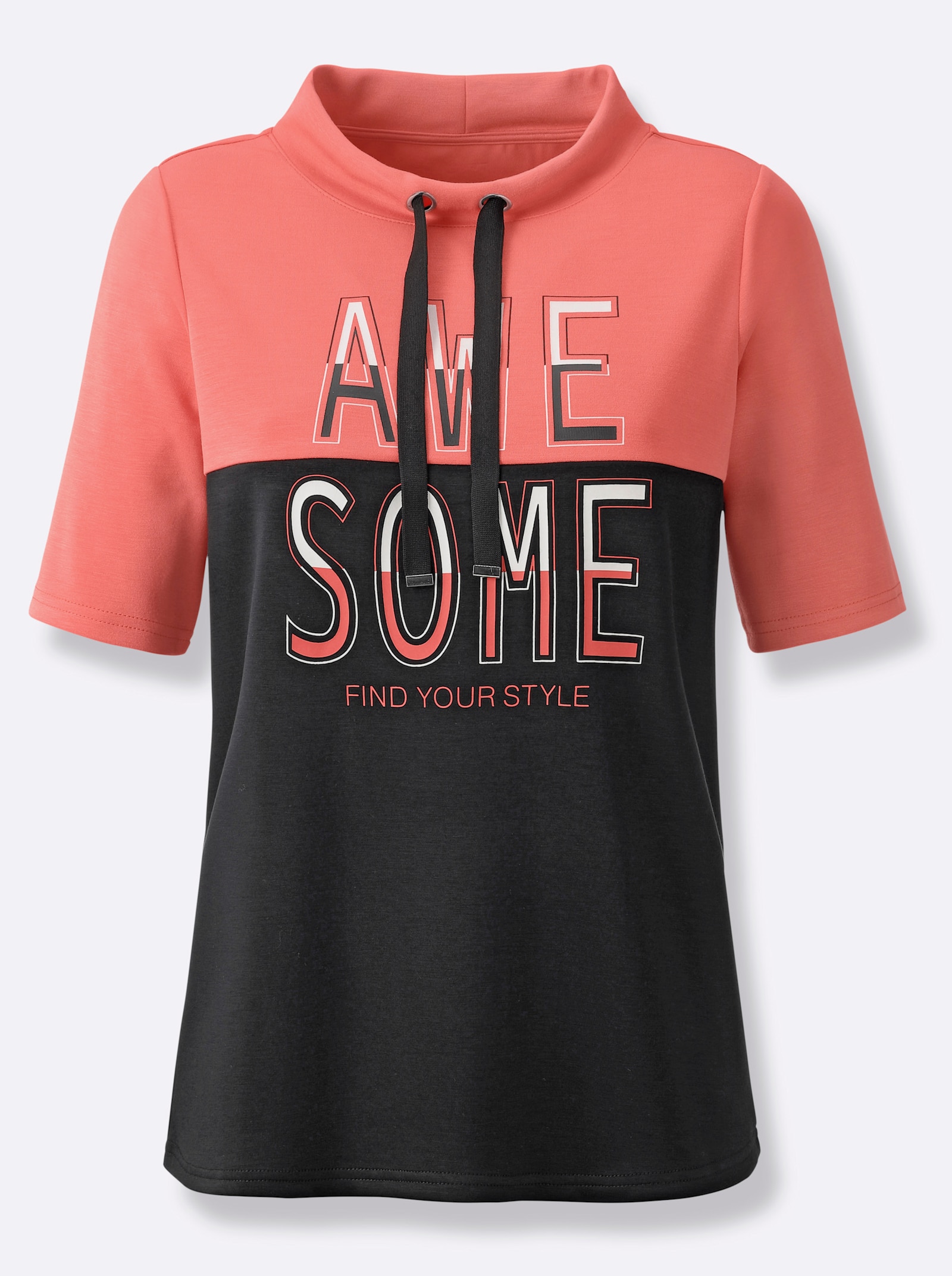 Stehkragenshirt mit Lettering-Druck - koralle-schwarz