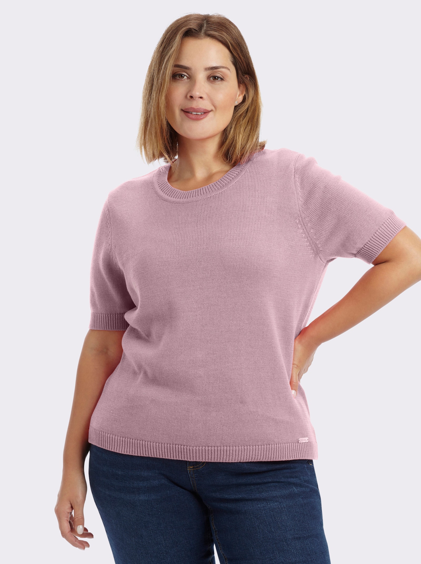 Kurzarmpullover mit Rippabschlüssen - altrosé