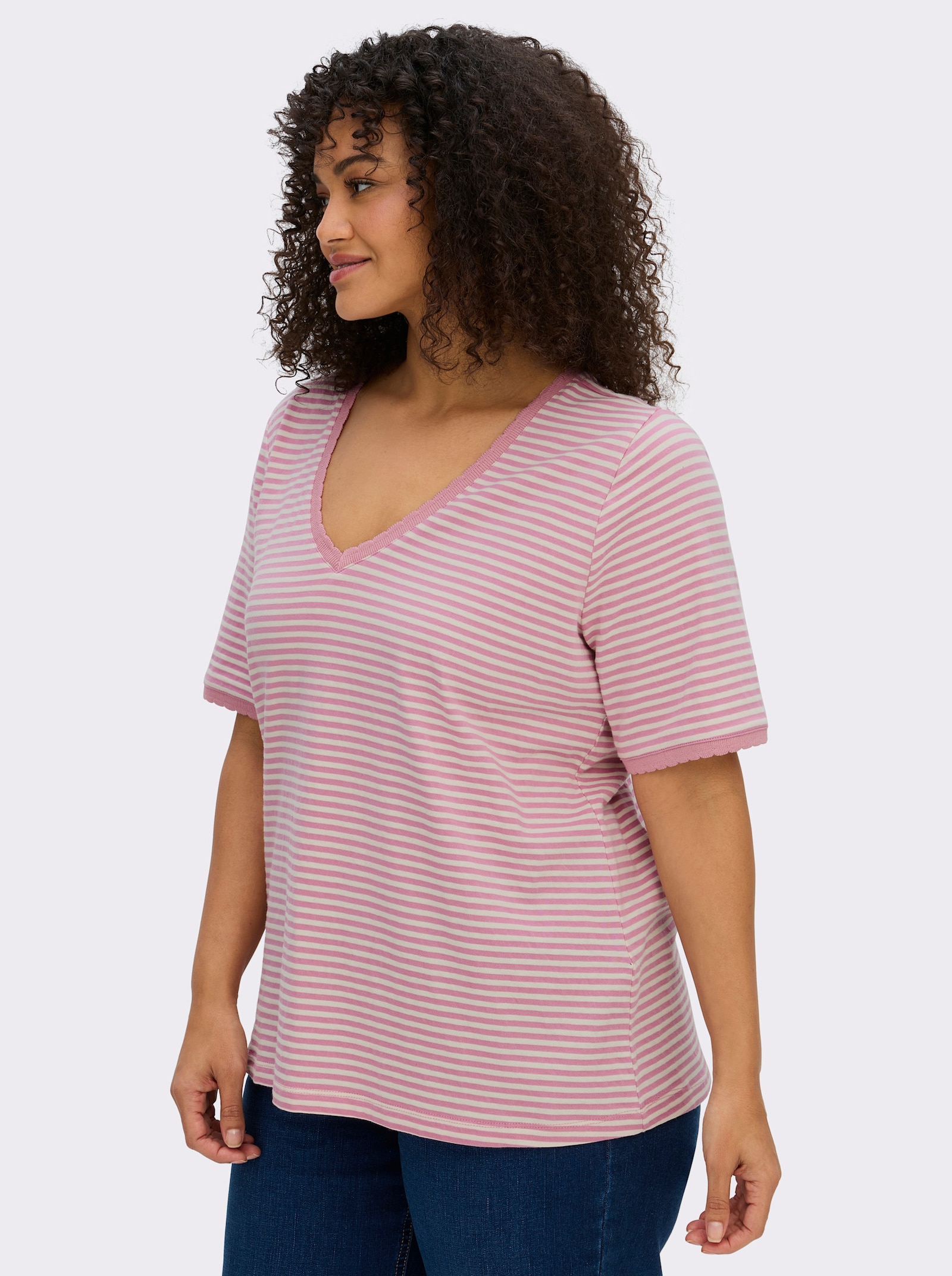 sheego Ringelshirt mit Ajour-Strickband - ecru-altrosa-geringelt