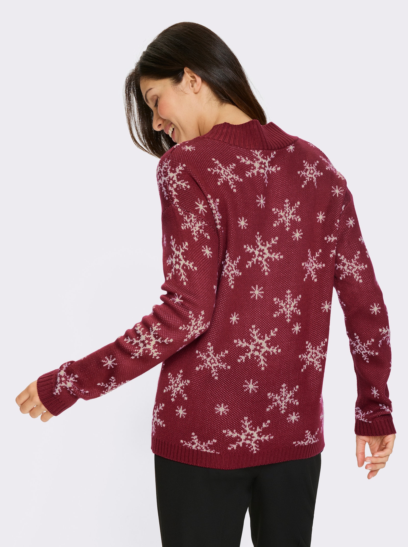 Langarm-Pullover mit Schneeflocken-Jacquardmuster - kirsche-ecru