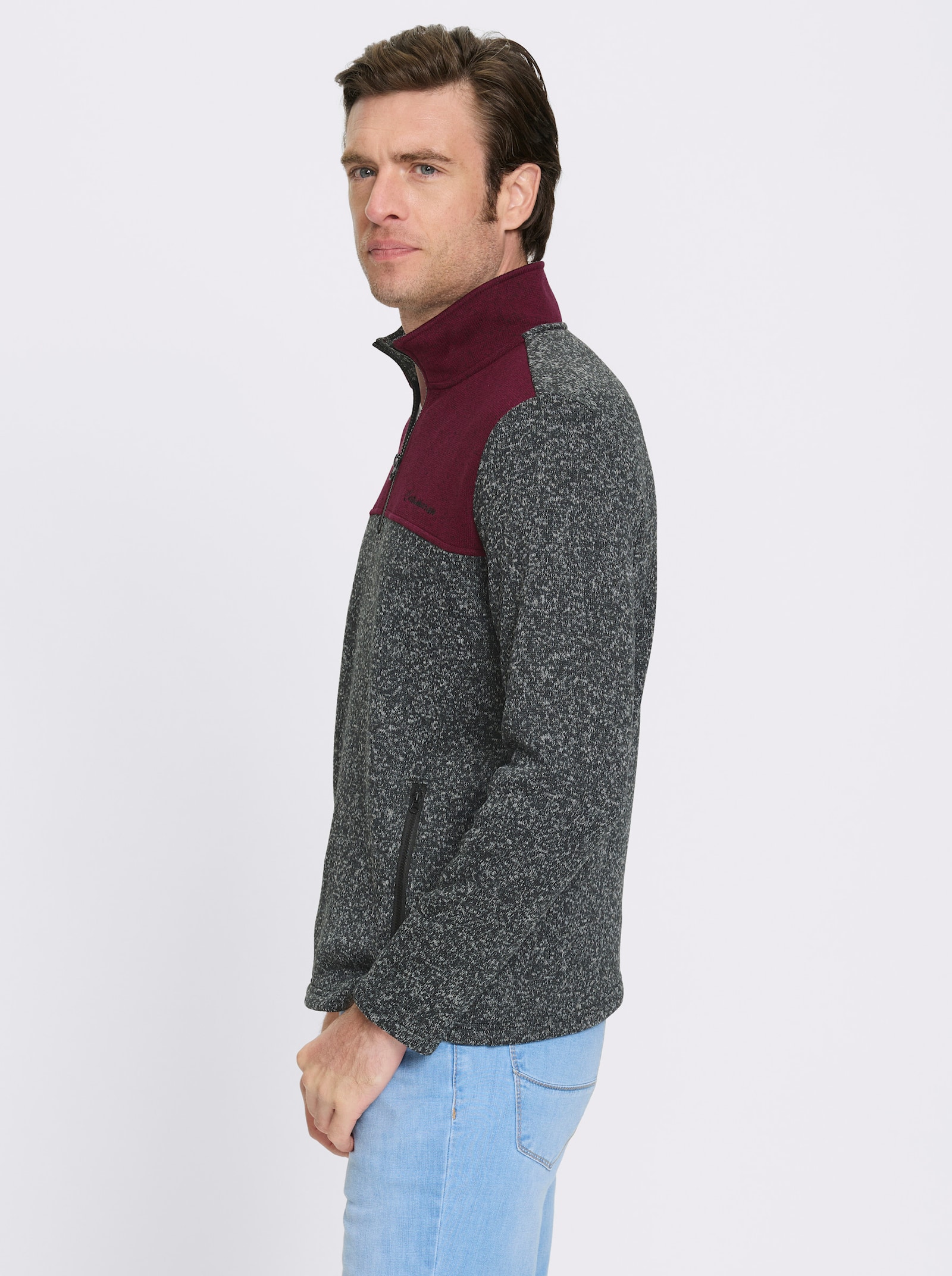 Catamaran Strickfleece-Pullover mit Stickerei - schwarz-bordeaux-meliert