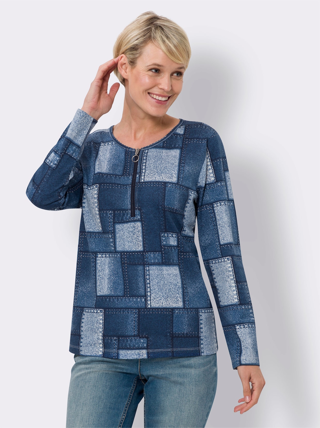 Langarmshirt - eisblau-jeansblau-bedruckt