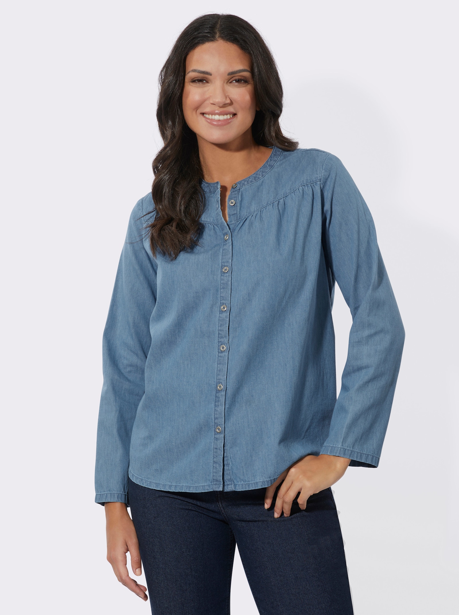 Jeansbluse mit Raffungen - blue-bleached