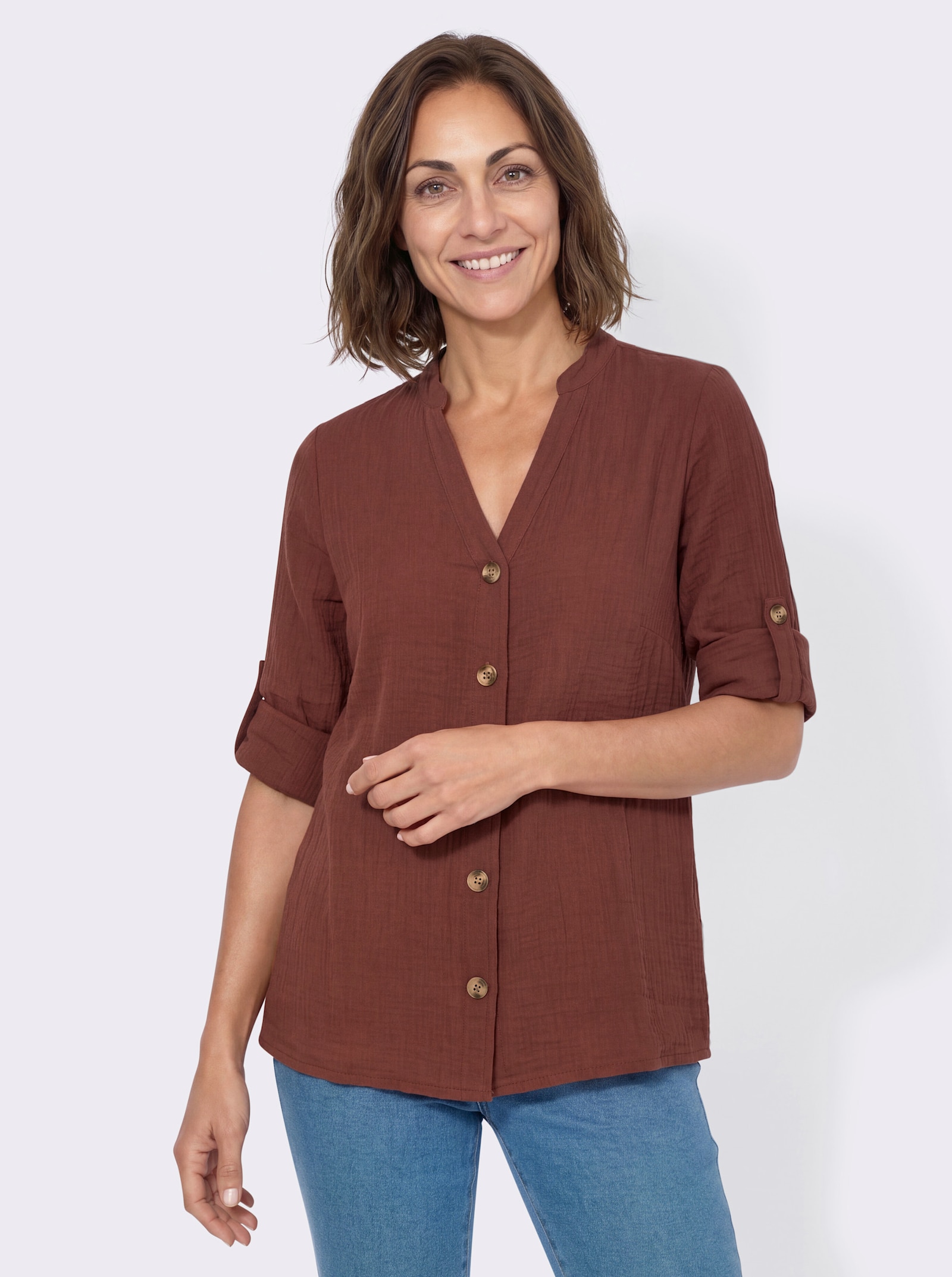 3/4-Arm-Bluse mit Krempelfunktion - rotbraun